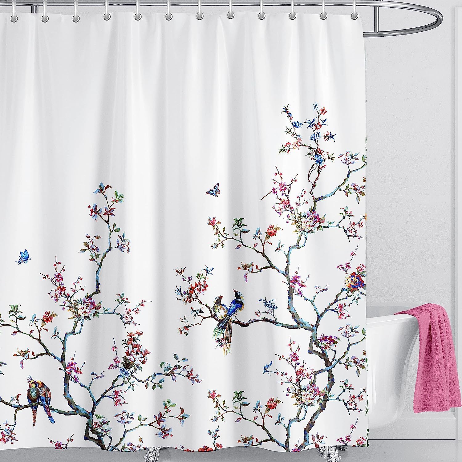 LIVETTY White Bird Shower Curtain Extra Long 180cm × 210cm Floral