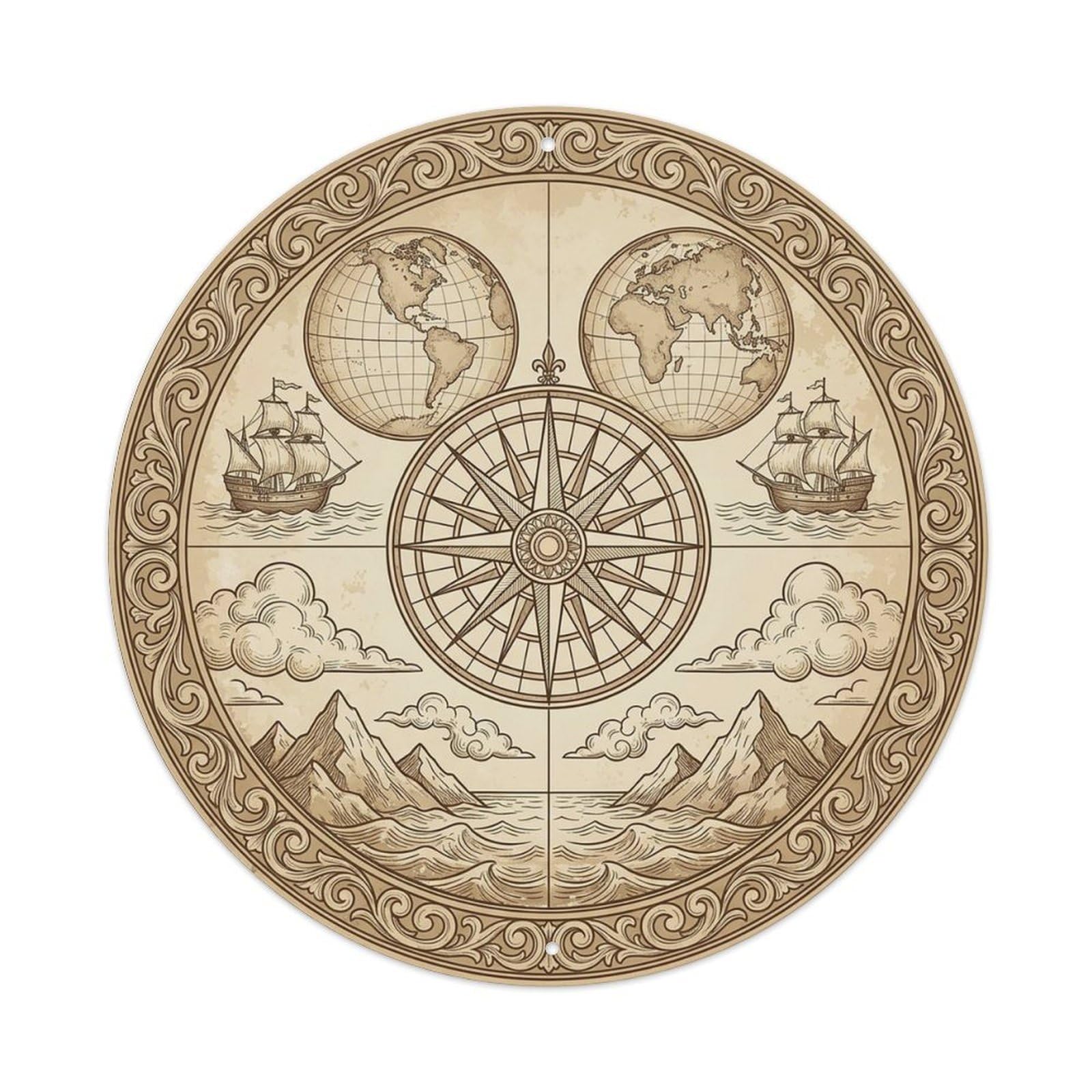 Vintage Nautical Compass World Map Astrolabe Guide Metal Tin Sign