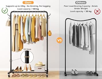 HOMIDEC Clothes Rail, 4 Side Hooks, Storage Shelf and Wheels, Metal, Black