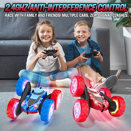 Vista 75 de Auto de control remoto para niños, auto de acrobacias RC giratorio de 360°, vehículo eléctrico 4WD de doble cara con luces LED, autos de juguete