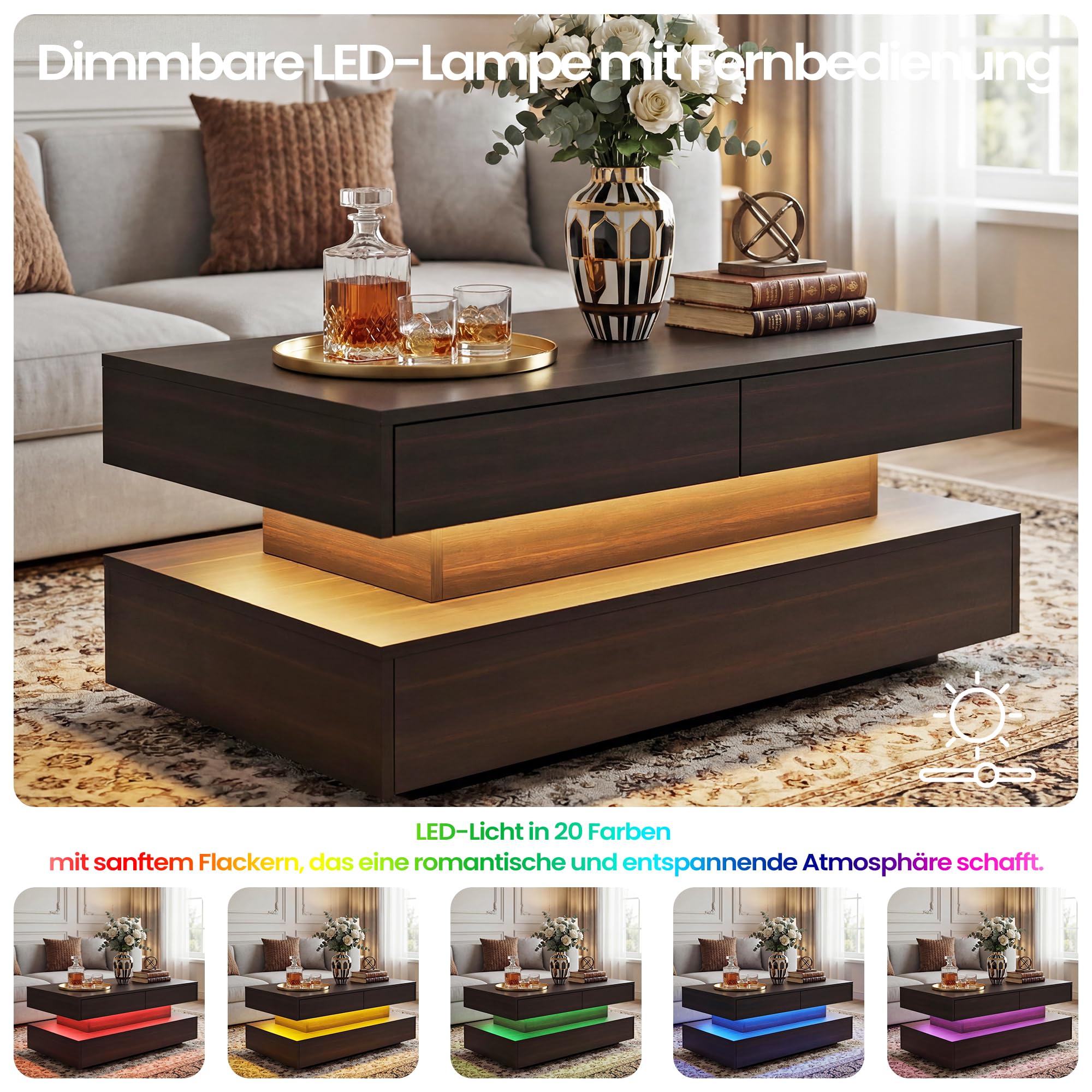 Manora Wohnzimmertisch Schwarz mit LED und Schubladen,Couchtisch Modern mit Stauraum,Rechteckiger Sofatisch,Tisch Wohnzimmer,Bräunlich-schwarz