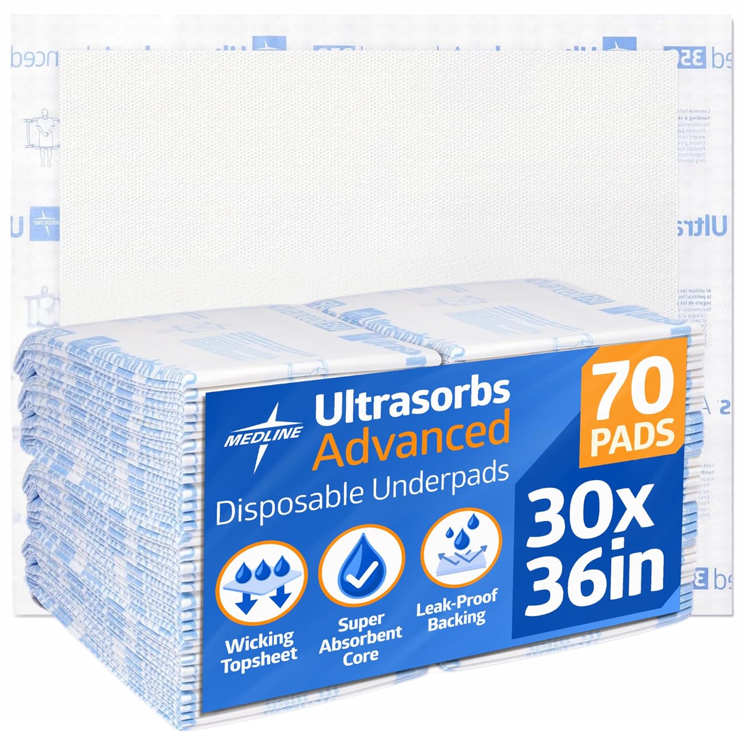 Medline Ultrasorbs Advanced Extra Strength Drypads, 30\" x 36\", , Super Absorbent Disposable Pads, Incontinence Bed Pads, Chucks Bed Pads, Elderly, 350 lb Repositioning Capacity Underpads Underpads