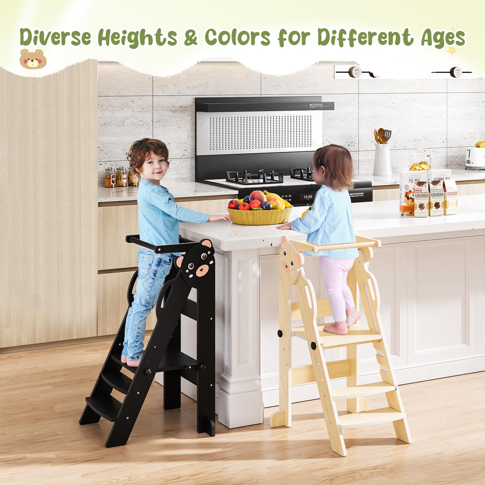 Torre di Apprendimento Pieghevole, 3 Altezze Regolabili, Fold Legno Torre Montessoriana da 1 a 6 Anni per Bambini, Montessori Learning Legno Naturale Kitchen Helper
