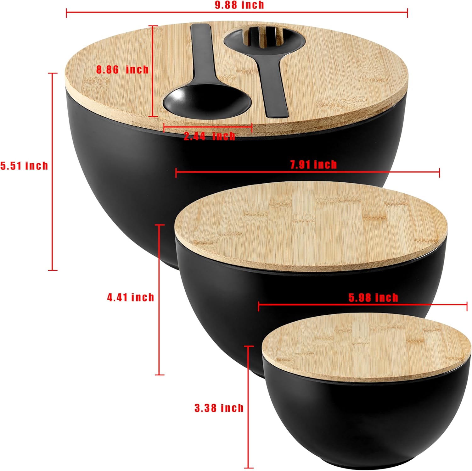 Large Salad Bowls with Bamboo Lids Set of 3, Mixing Nesting Bowls Round Serving Bowls with Servers for Salads, Kitchen Eating, Pastas, Popcorn, Chips, Trifle, Fruit, Food Prepare (Black,10",8",6" ) - Image 4