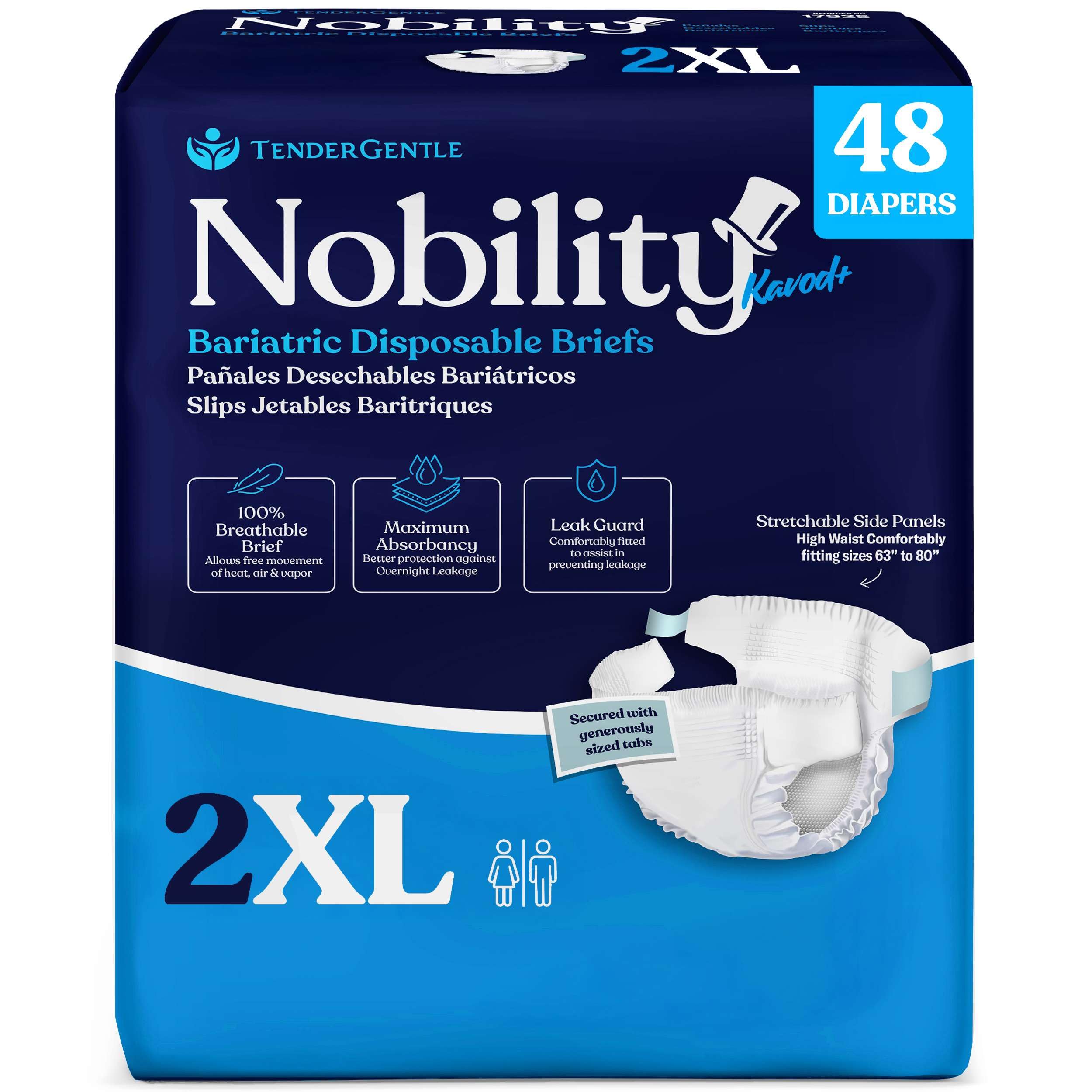 2XL Adult Diapers for Women and Men - Case of 48 Bariatric Disposable Briefs with Tabs and Stretchable Side Panels - Breathable with Max Absorbency