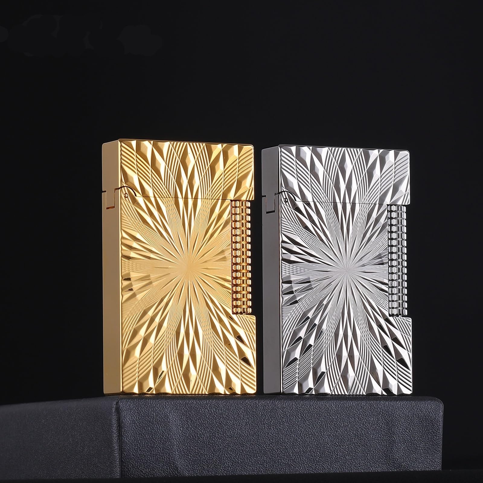 Mechero de gas butano y cobre, diseño tallado, encendedor de gabardina de encendido deslizante lateral, para hombres, padres y maridos, pieza de colección clásica