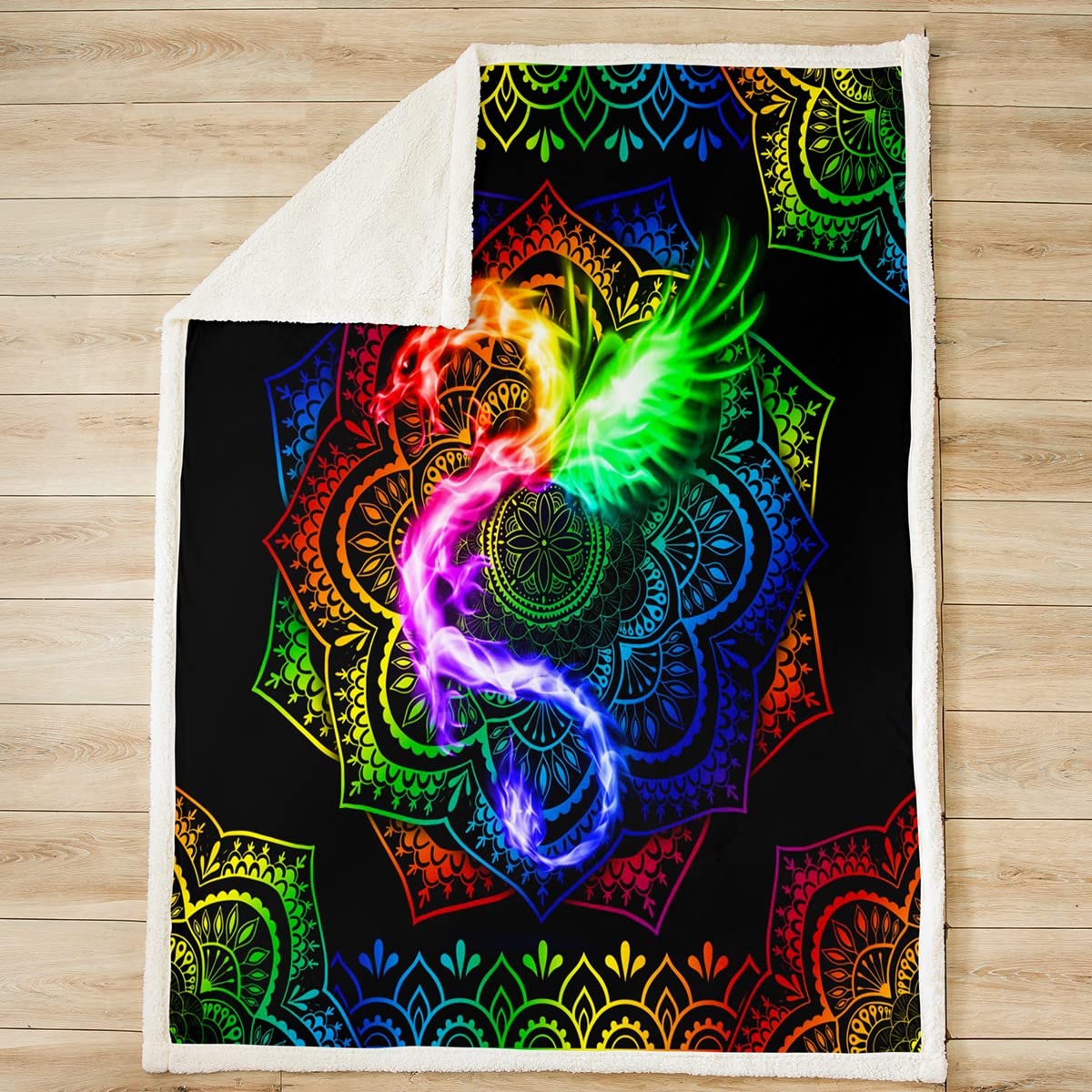 Watercolor Dragon Throw Blanket,Rainbow Mandala Print Fleece Blanket Bohemian Exotic Style and Animal Theme Bed Blanket for Kids Child Teens Black Soft Flannel Blanket, Twin Size (60 x 80 Inches)
