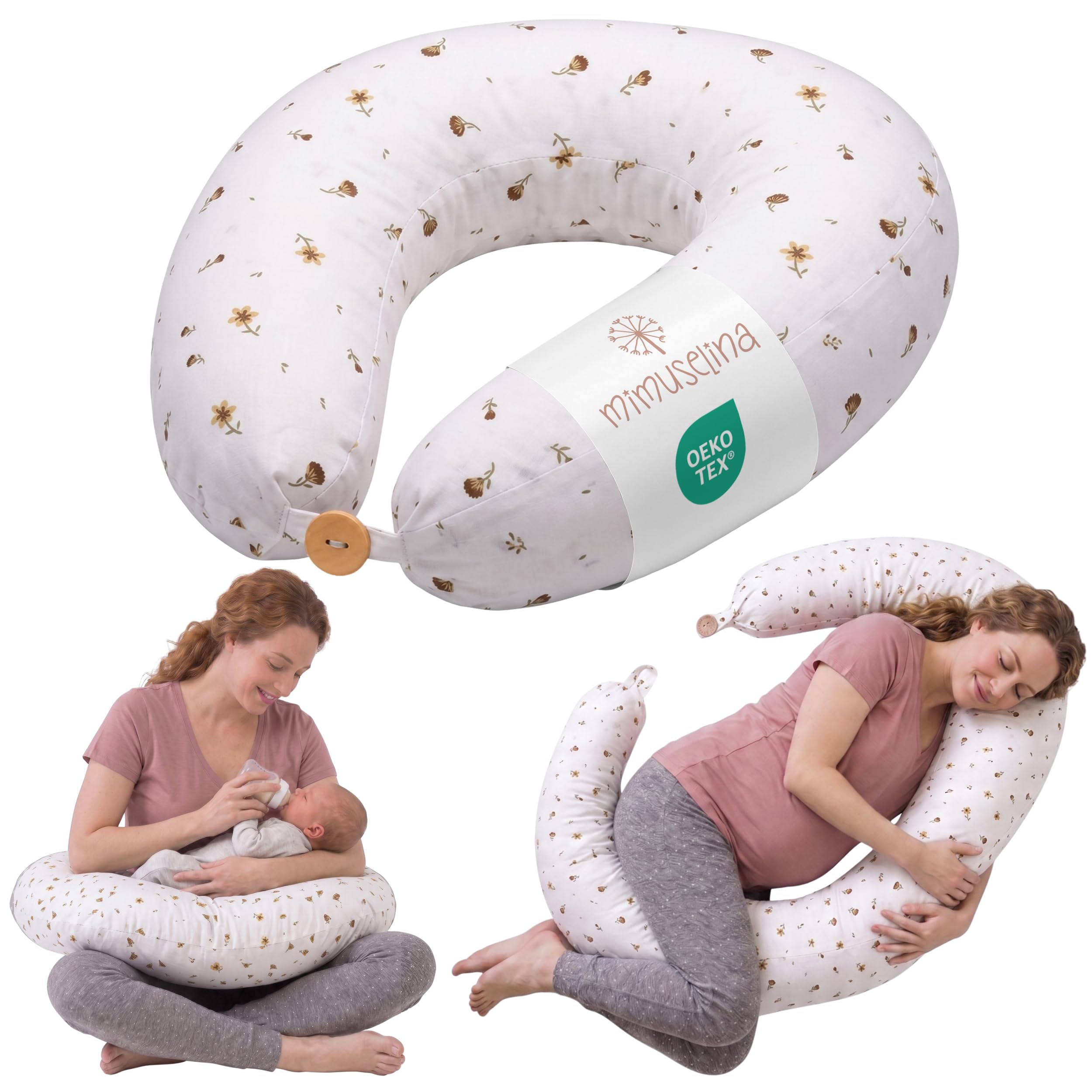 MIMUSELINA Cuscino Allattamento e Gravidanza 100% Cotone | Extra Grande e Morbido 200 x 70 cm | Cuscino Gravidanza, Allattamento e Nido Neonato | Fodera Sfoderabile e Lavabile | Bianco con Fiori