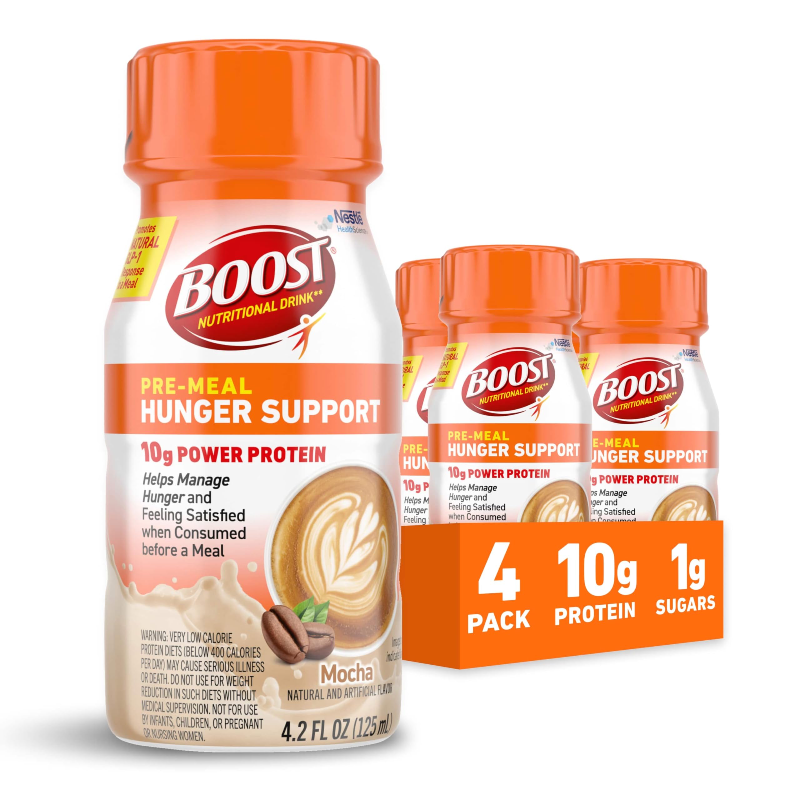 BOOST Pre-Meal Hunger Support Nutritional Drink, Promotes Natural GLP-1 Response to a Meal, 10g Whey Protein, 45 Calorie, Ready-to-Drink & Fat-Free, Mocha Flavor, 4.2 FL OZ (125mL) Bottle (4 Pack)