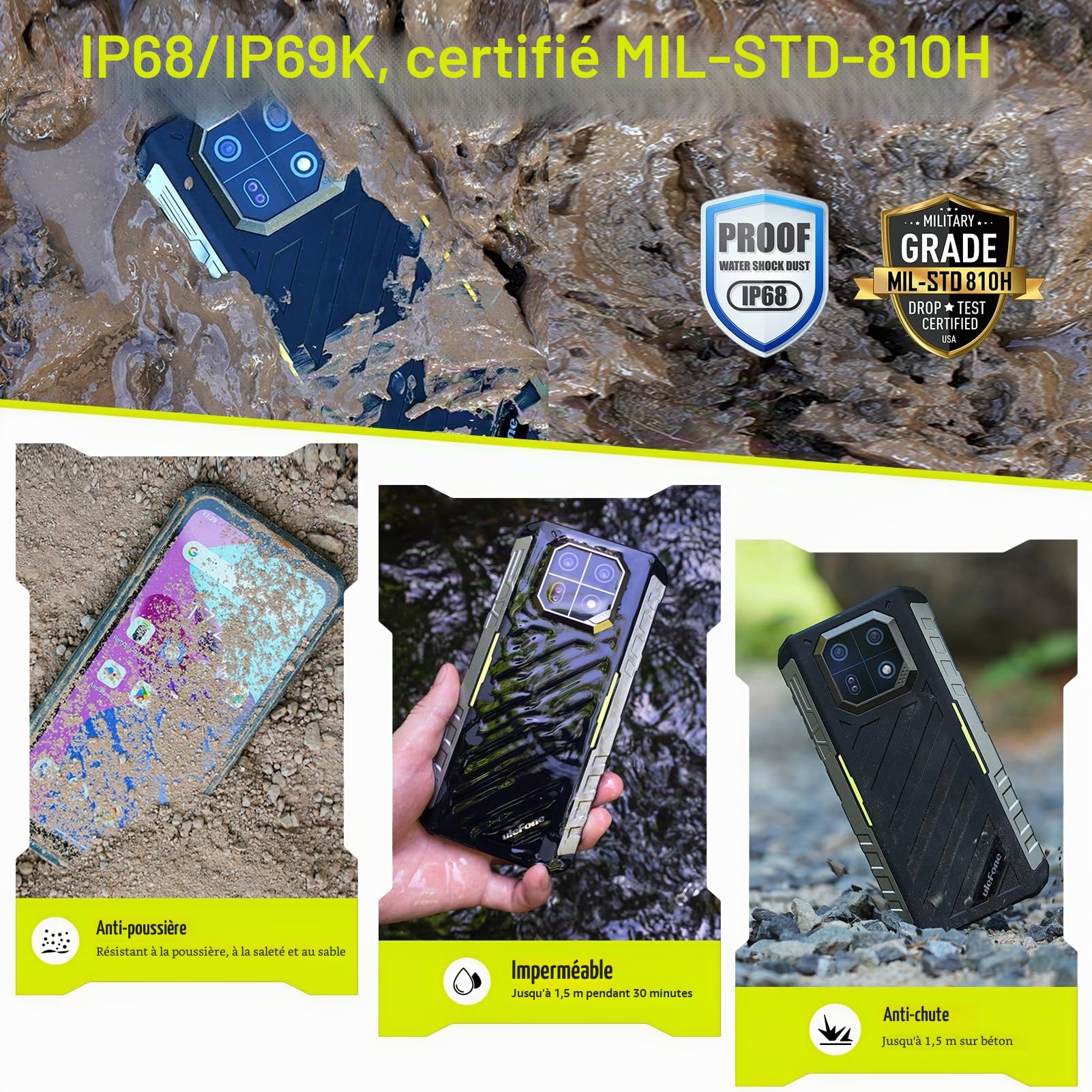 Ulefone Armor 22 Telephone Incassable 2026, Smartphone Android 15, 64MP Vision Nocturne, 16Go+128Go/SD-512Go IP68K Etanche 6600mAh/33W Écran 6 58" FHD+ 120Hz Double SIM 4G/NFC& Mode sous-Marin/Vert