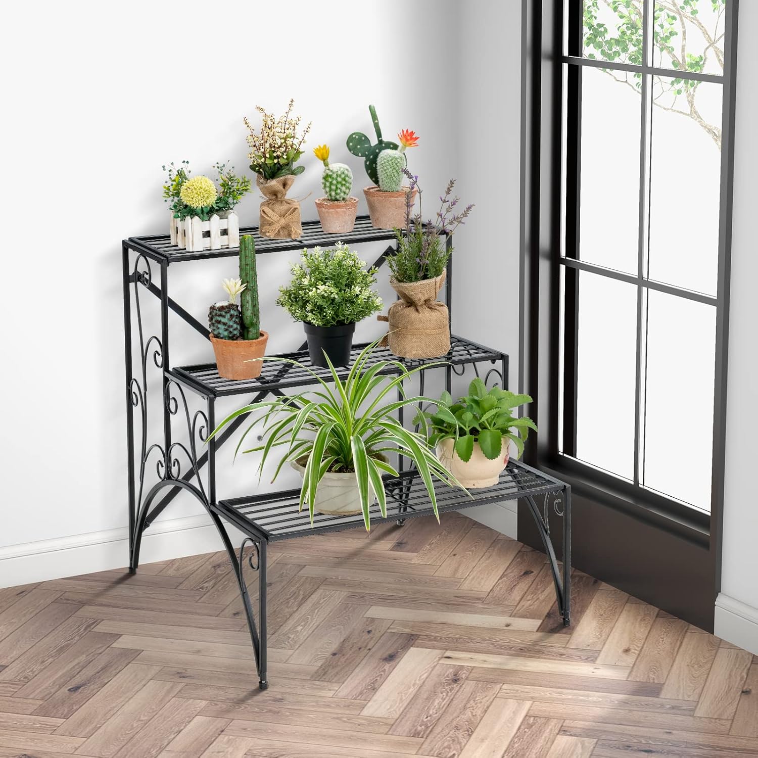 S AFSTAR 3-Tier Metal Plant Stand, Rectangular Ladder Tiered Flower Pot Holder Heavy-duty Plant Display Rack for Indoor & Outdoor Use, Multi-functional Stepped Storage Organizer for Garden, Patio,