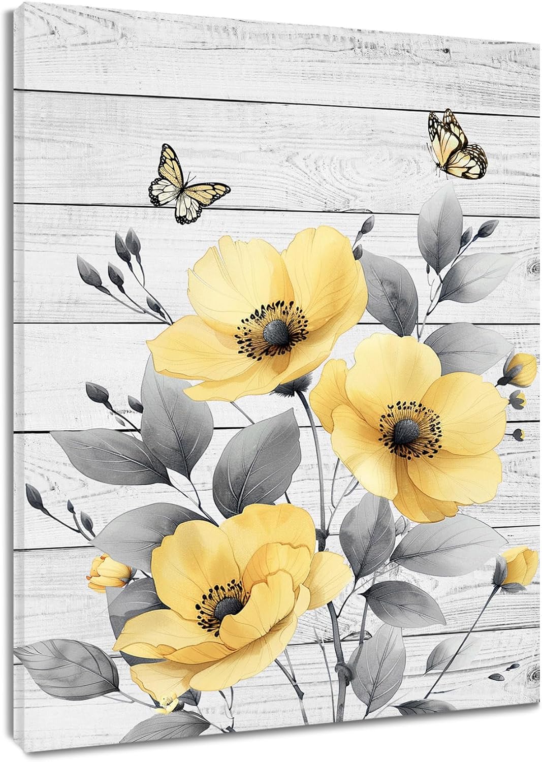 HVEST Rustic Yellow Floral Wall Art for Bathroom, Yellow and Gray Flower Butterfly on Rustic Wood Canvas Wall Art Country Wildflower pictures for Living Room Bedroom Wall Decor,20L X 16W inches 20L" x 16W" Yellow Grey