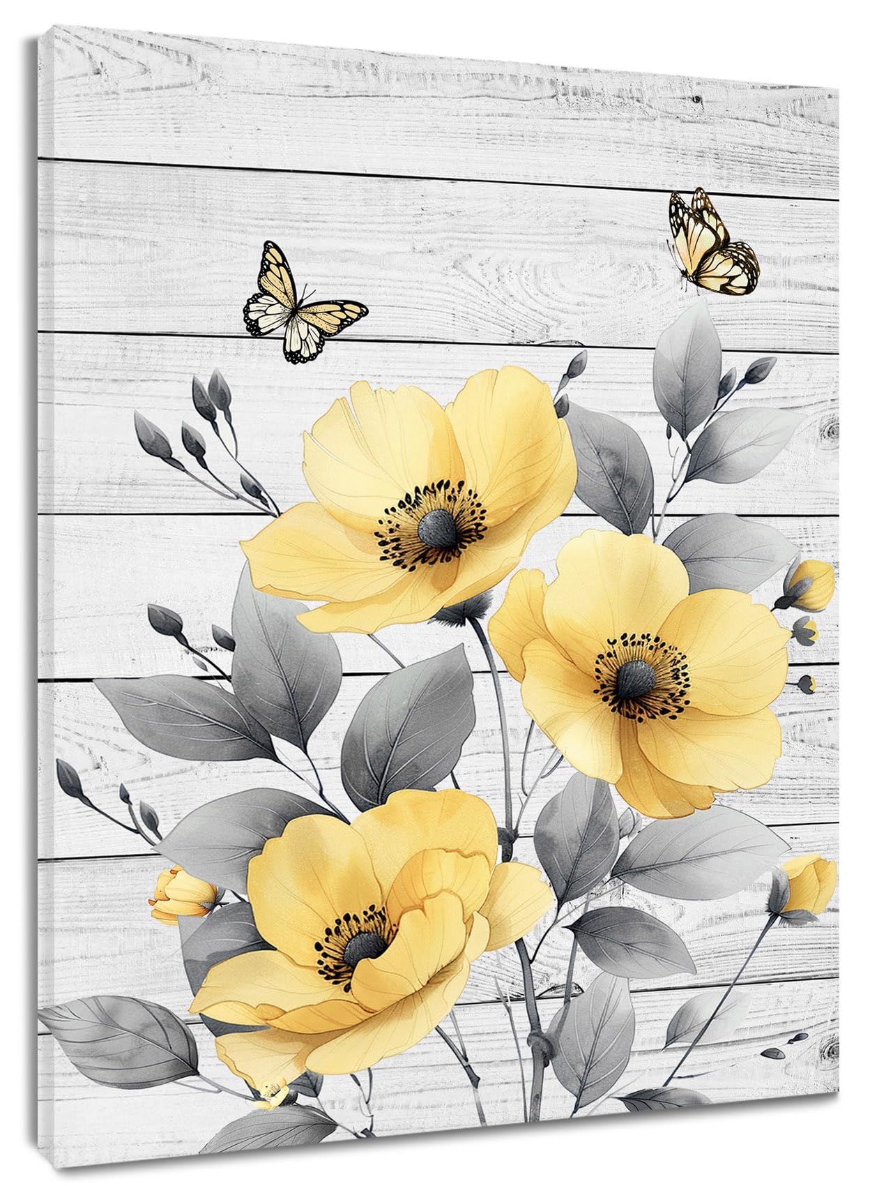 HVEST Rustic Yellow Floral Wall Art for Bathroom, Yellow and Gray Flower Butterfly on Rustic Wood Canvas Wall Art Country Wildflower pictures for