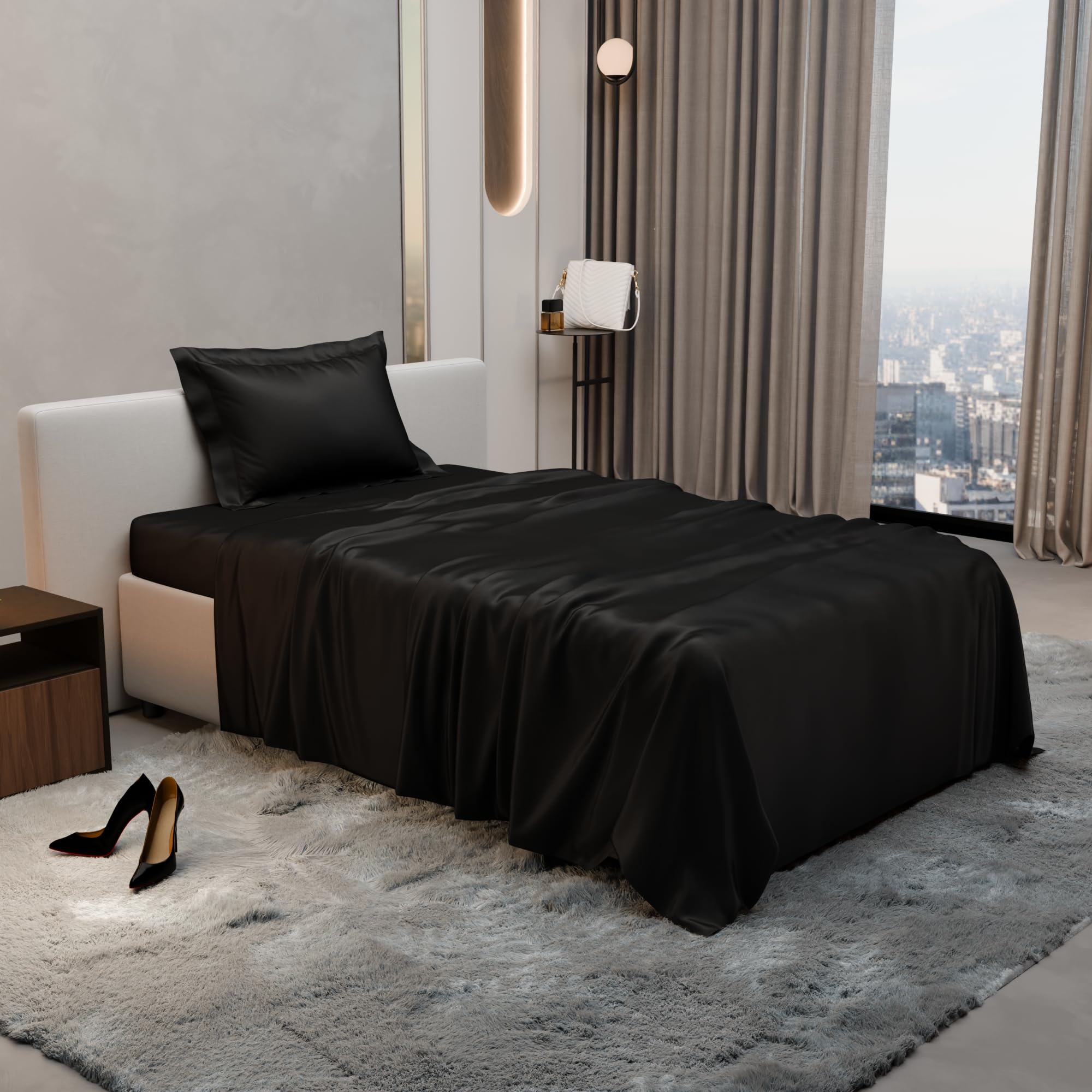 Stoa Paris Single Bedsheet with 1 Pillow Cover, 300TC Satin Premium Bedding Set, Home Decor, Wedding Gift for Couples, Housewarming, Anniversary, Date Night - Midnight Black