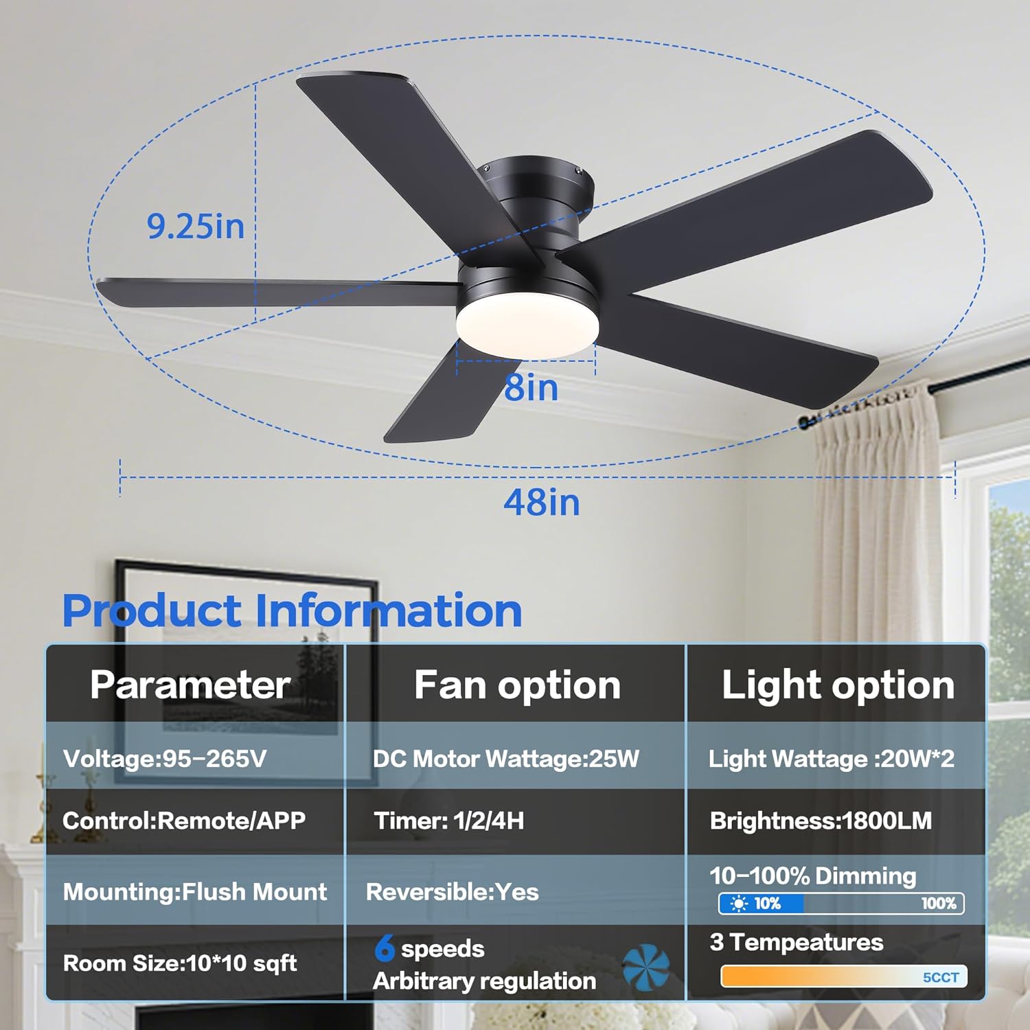 Ceiling Fans with Lights - 48" Black Flush Mount Ceiling Fan Light with 6 Speeds 3CCT Dimmable, Revesible Motor, Low Profile Fan Light for Modern Indoor Bedroom, Kitchen