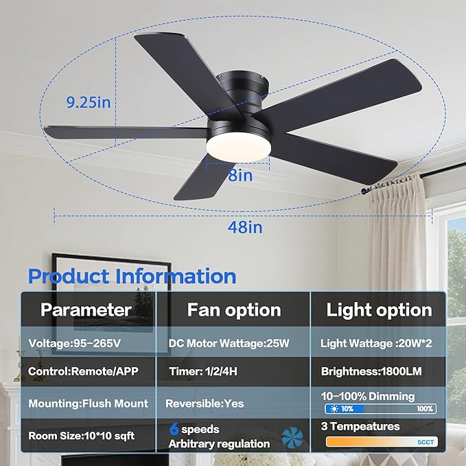 Ventilador de Techo 48 Pulgadas con Luz Dimmable 3CCT, 6 Vel miniatura 5