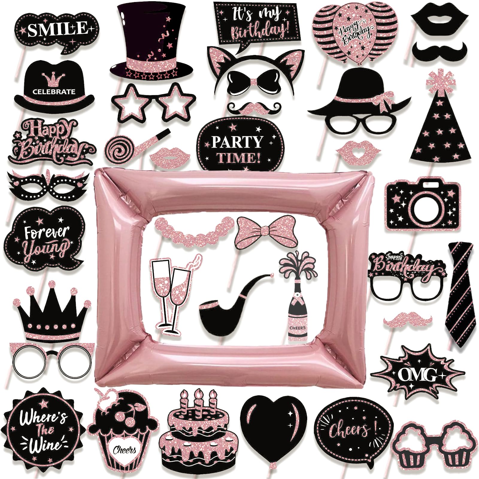 Veroa Black Pink 38 Pcs Birthday Party Photo Booth Props - Pink Inflatable Party Props Photo Booth Frame For Birthday,Holiday Partys,Theme Partys,Wedding,Hen