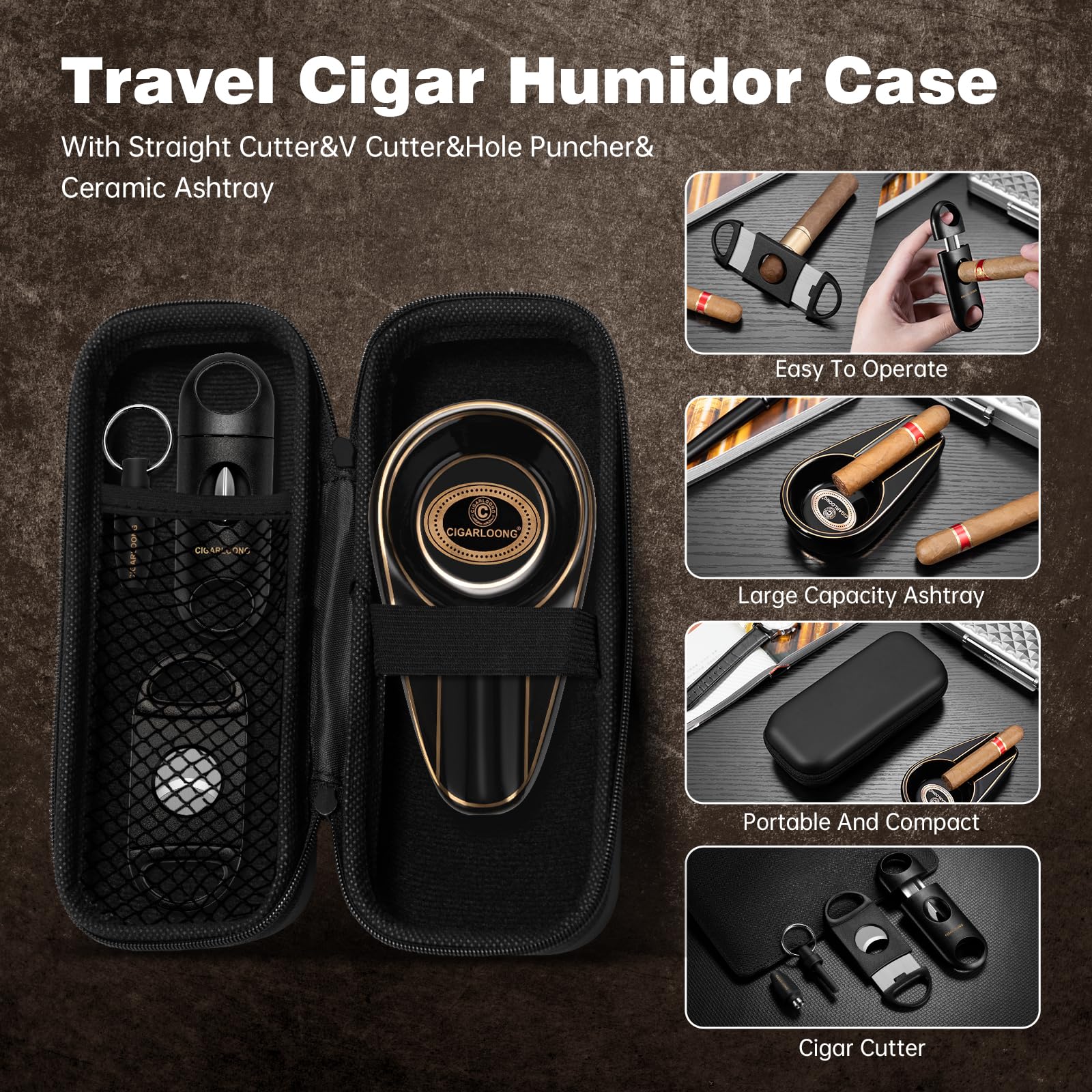 Cave à cigares de voyage - Multifonction - Portable - Avec cutter droit, coupe-V, perforateur et cendrier en céramique - Kit 4 en 1 avec sac pour terrasse, extérieur (marron)