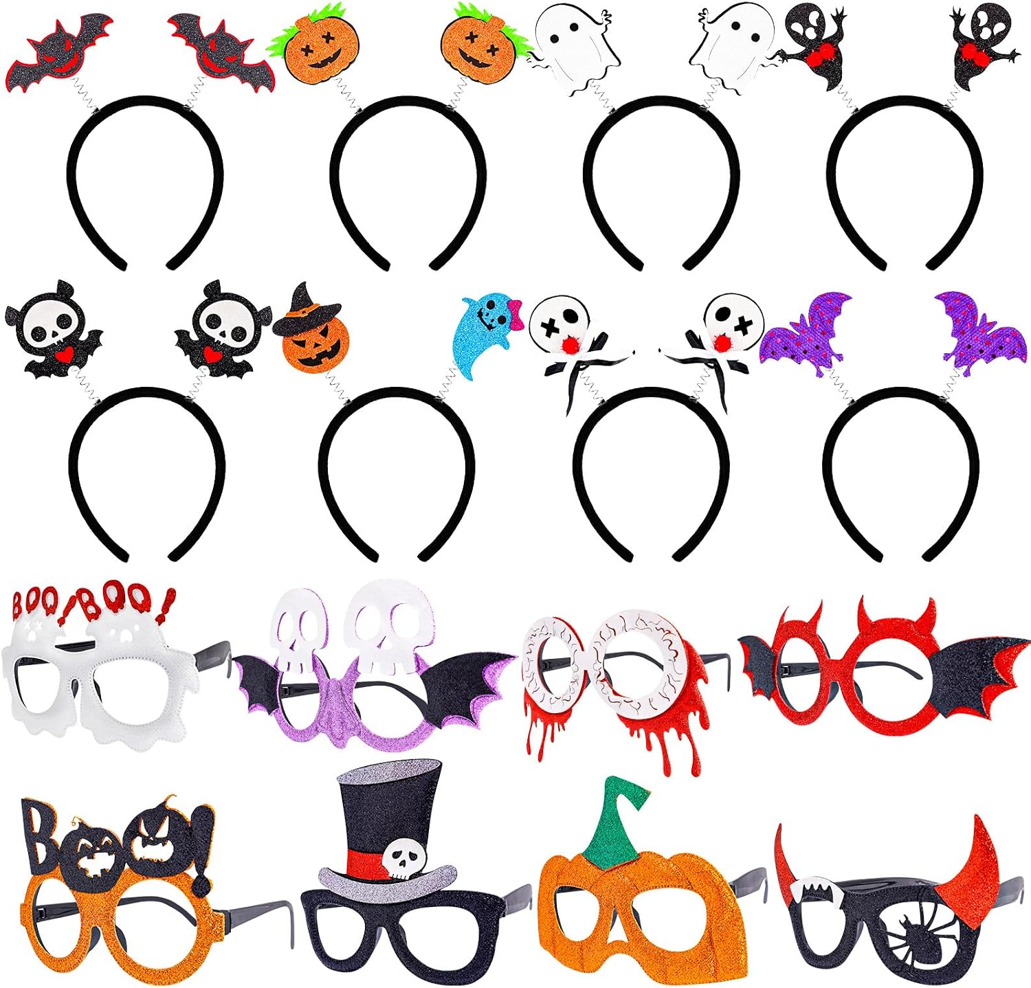 MGparty 16PCS Halloween Glasses & Headbands Set, Costume Party Photo Props