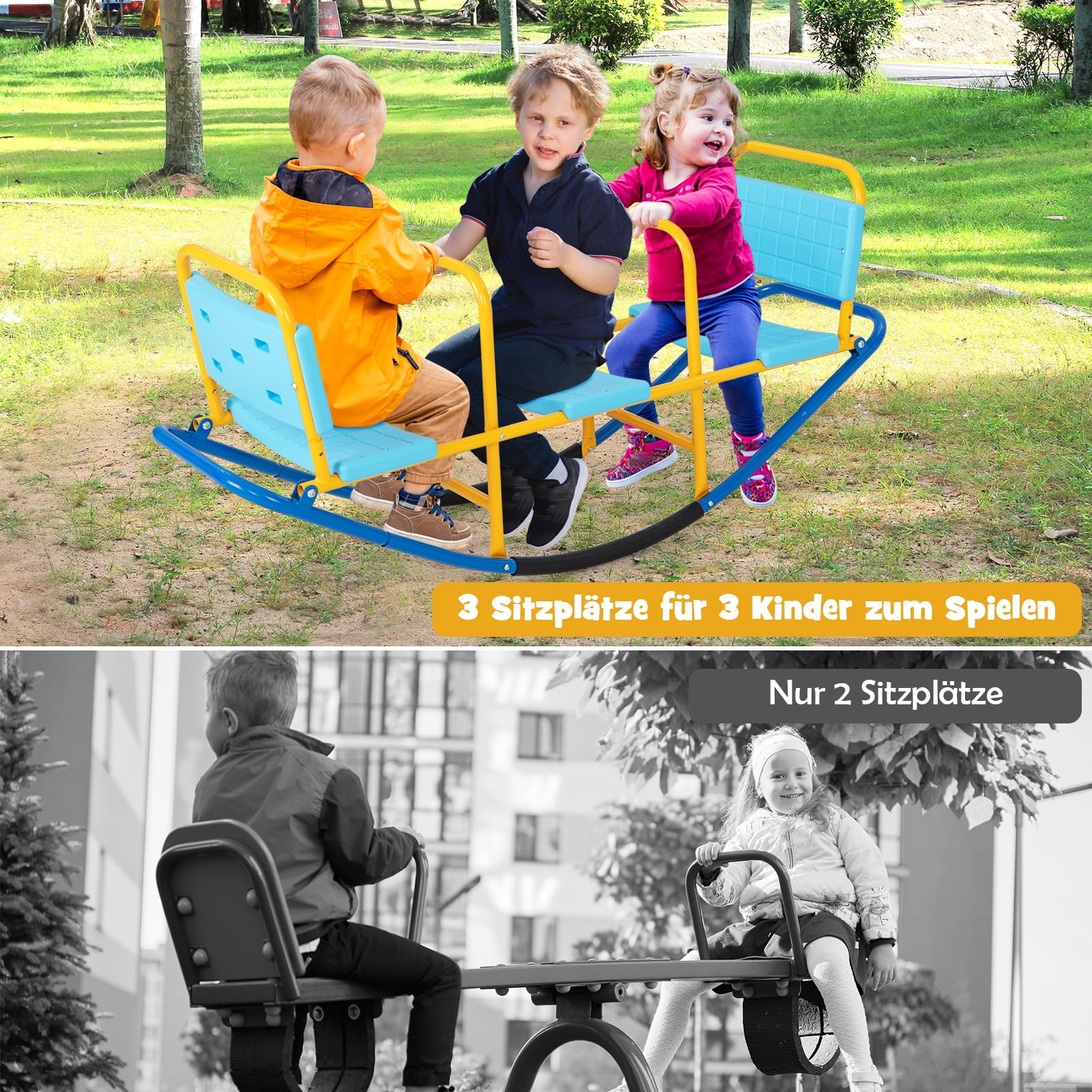 DREAMADE 3 Sitzer Kinder Wippe mit Rückenlehnen und Griffe, Schaukelwippe Metall 136x60x39cm, Karusselwippe Gartenwippe für Indoor und Outdoor, für Kinder 3-8 Jahren (Blau)