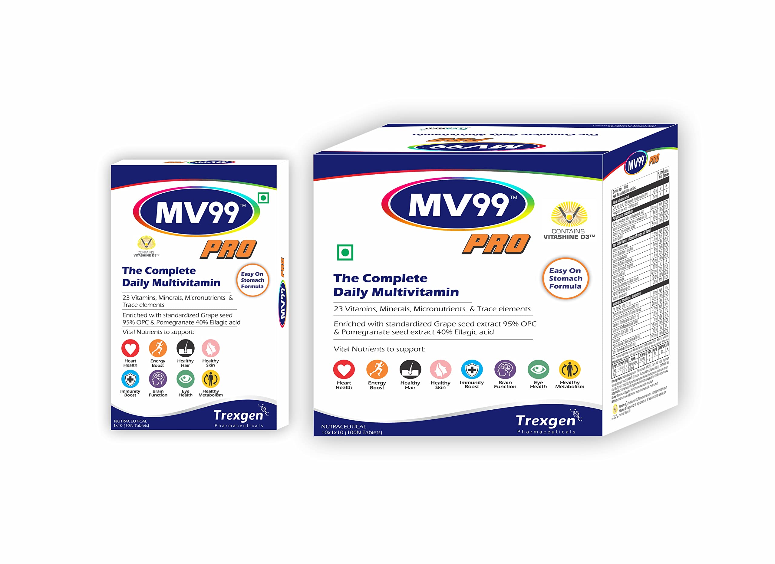 Trexgen® MV99™-PRO The Complete Daily Multivitamin with A,D,E,K,B-Complex, C, Multiminerals Micronutrients & Trace elements with Grape Seed & Pomegranate extract (10x10 = 100 Tabs)-image-14
