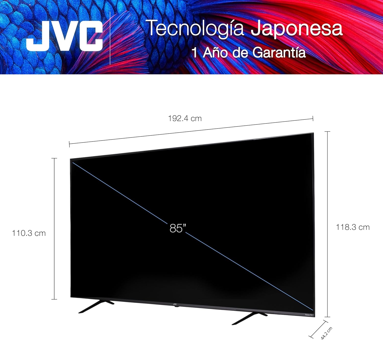 Diagram illustrating the physical dimensions of the JVC 86-inch TV, including width, height, and depth.
