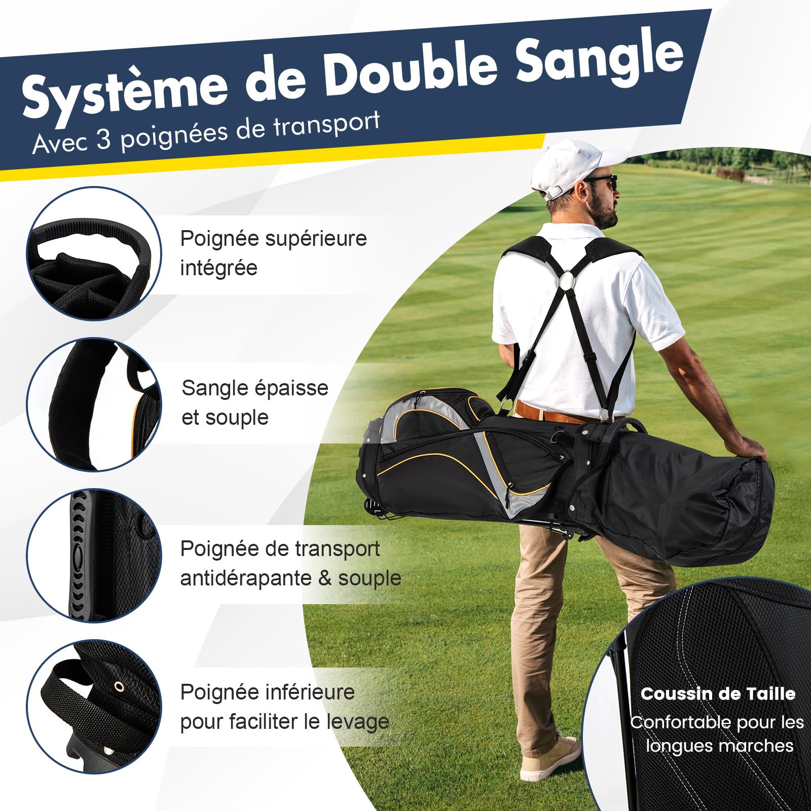COSTWAY Sac de Golf Trépied à 8 Voies, Sac de Transport pour Golf avec 7 Poches Zippées Sac Isotherme Cappuccio Antipioggia Double Sangle Manici de Transport, pour Club de Golf Vacances