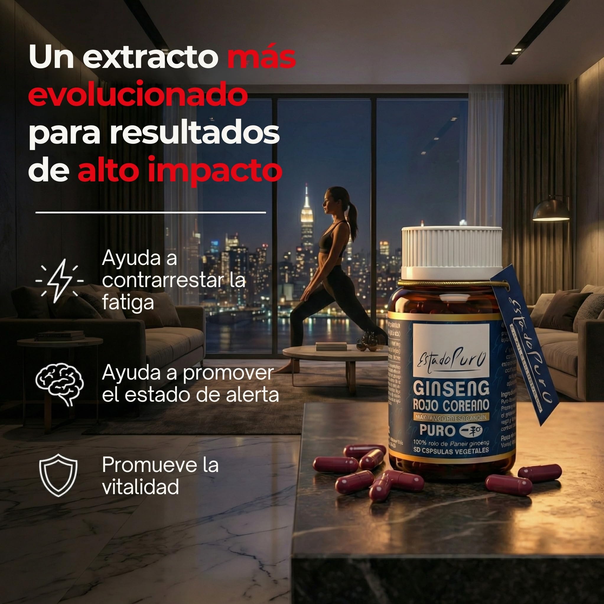 Ginseng Rojo Coreano Puro 1000mg | Panax Ginseng Máxima Concentración en Ginsenósidos | Energía Mental Vitalidad | Adaptógeno Natural | 50 Cápsulas Veganas Estado Puro