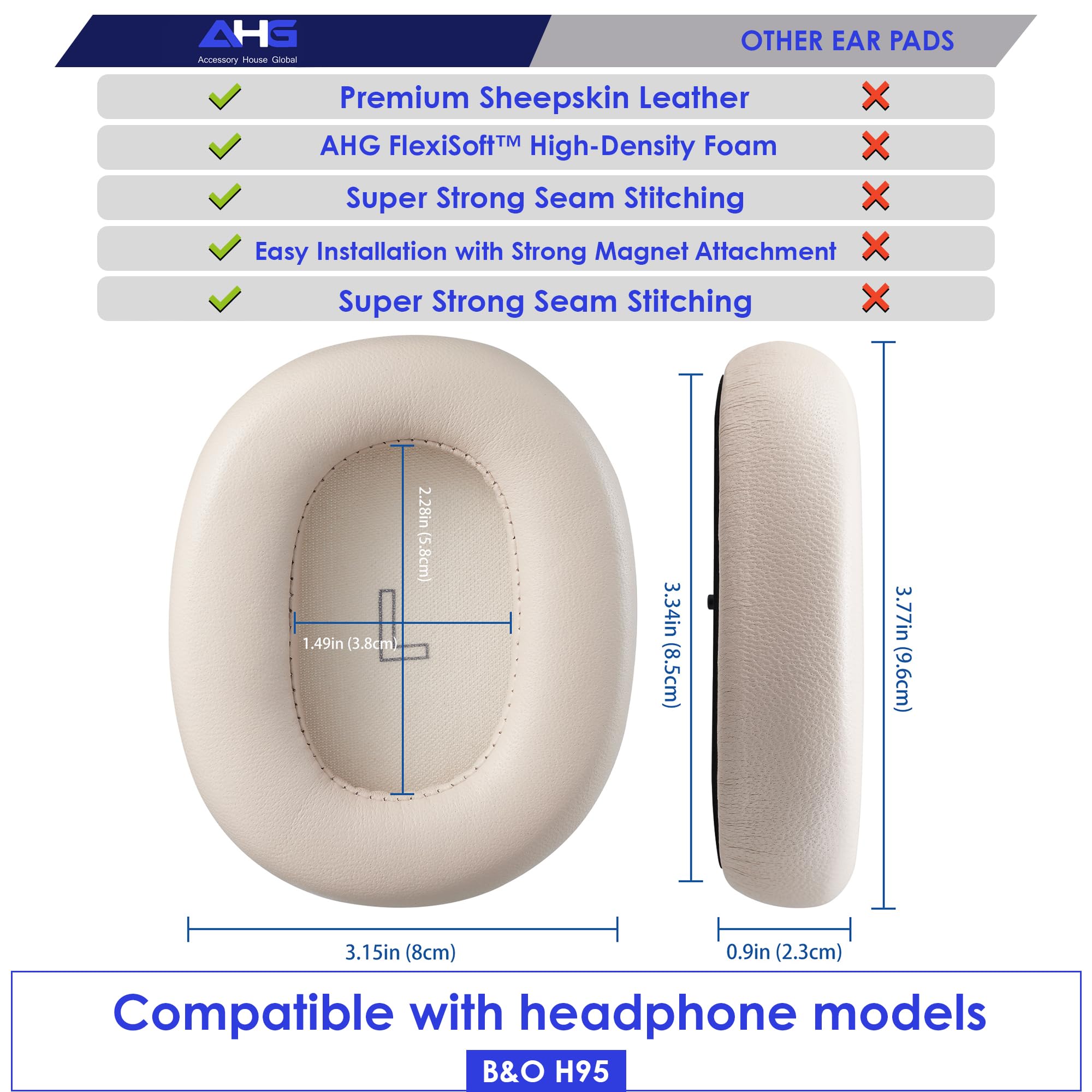 AHG Accessory House Global Coussinets de rechange pour casque Beoplay H95 Bang & Olufsen Beoplay H95 (doré). Cuir peau de mouton/mousse haute densité/aimant puissant