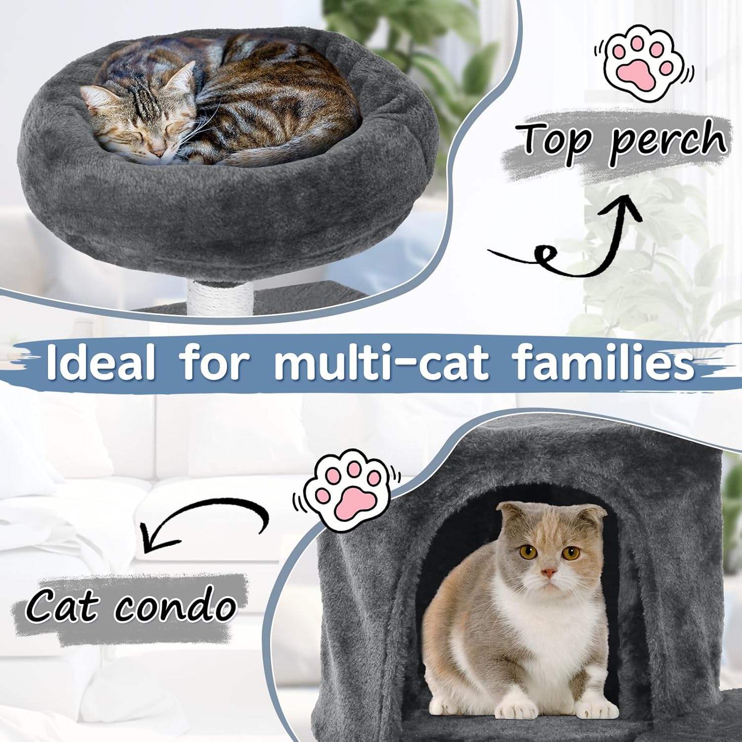 36 inch Cat Tree with Scratching Posts - Multi-Level Activity Center for Indoor Cats, Cat Condo Tower with Plush Perch (Light Gray)