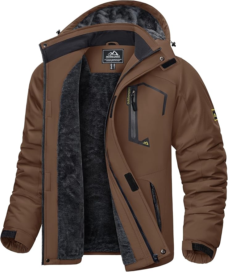 KEFITEVD Chaqueta Esquí Impermeable Cálida para Hombres Chaquetas Térmicas Lana Deportes Invierno Abrigo con Capucha,Café,3XL