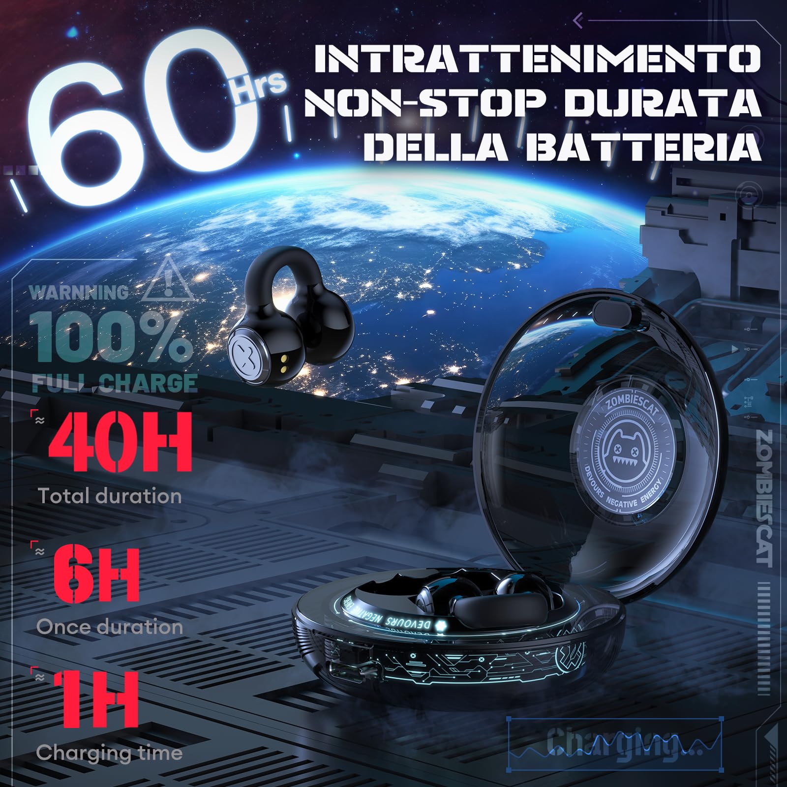 ZOMBIES CAT Cuffie Bluetooth Open Ear Auricolari Bluetooth 5.3 60H Playback cuffie sport stereo con bassi profondi Effetti di luce esclusivi cuffie senza filo per IOS Android, B3 Nero