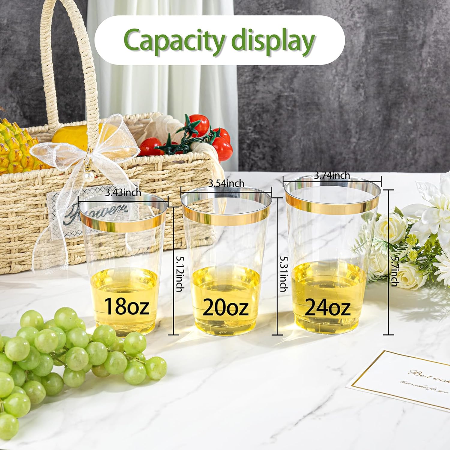 I00000 100 Pack 18 oz Gold Plastic Cups, Elegant Gold Rimmed Plastic Cups, Disposable Cocktail Glasses Wine Glasses, 18 oz Premium Tumblers Perfect for Birthday, Party & Wedding - Image 3