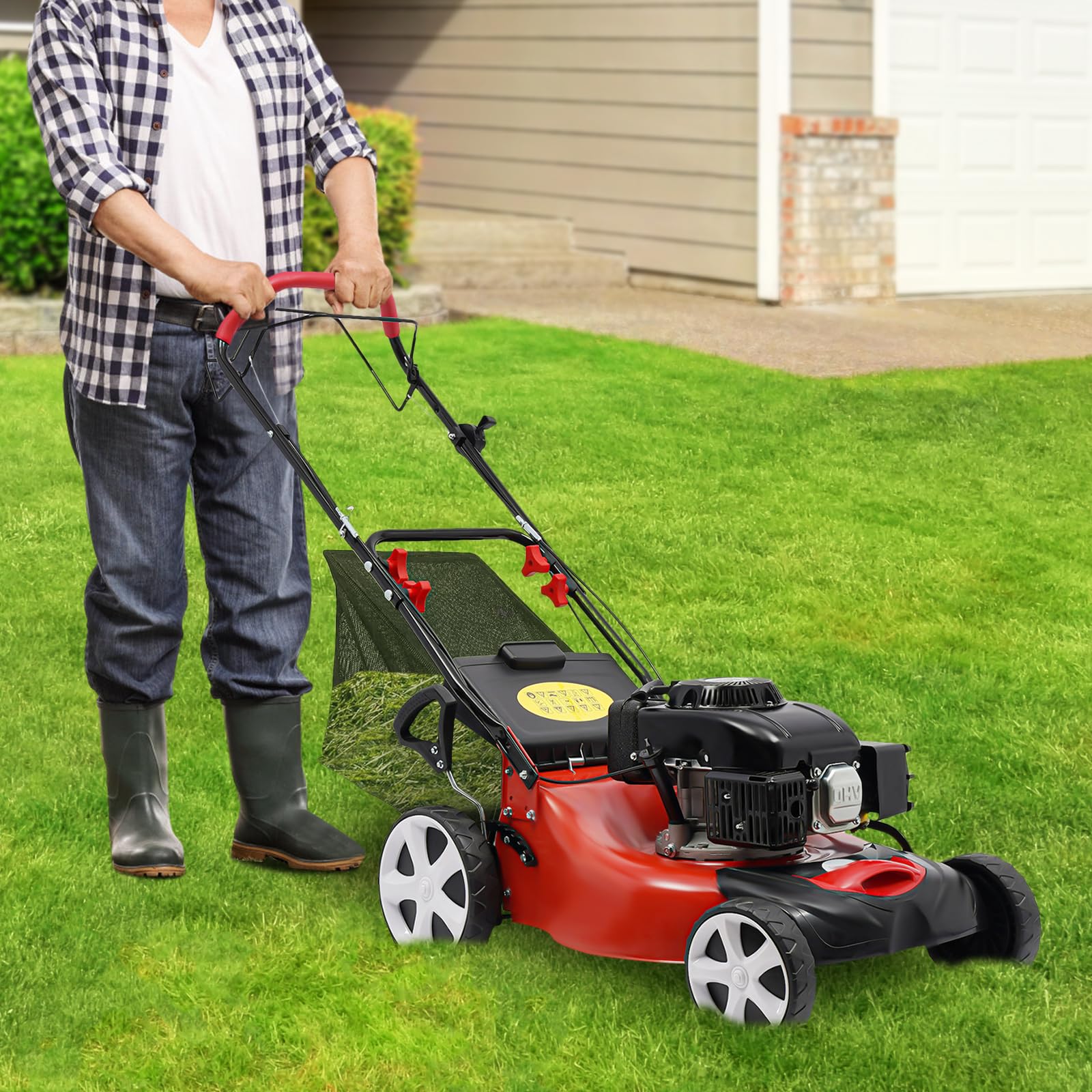 Cortacésped de gasolina 4 kW 140 cc 4 tiempos, ancho de corte de 51 cm, tracción autopropulsada, cesta de 60 litros, 8 alturas de altura regulable 25-75 mm, para jardines medianos y grandes