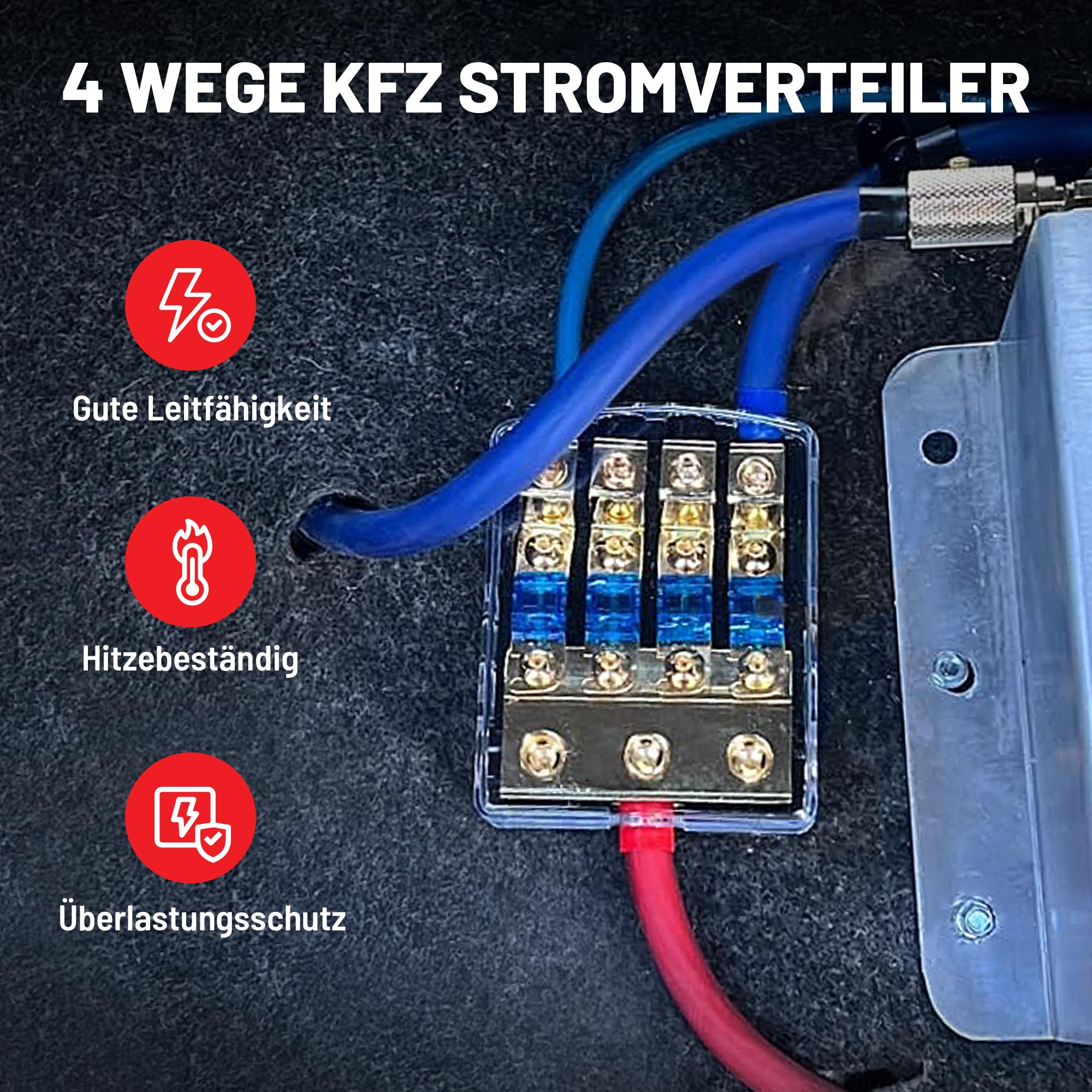 RED WOLF 4 Wege Kfz Stromverteiler mit 60 Ampere Flachsicherungen, Mini ANL Sicherungshalter 60A für Auto Audio Stereo Autobatterie Sicherungshalter 0/2/4 Gauge In 4/8 Gauge Out Verteilerblock