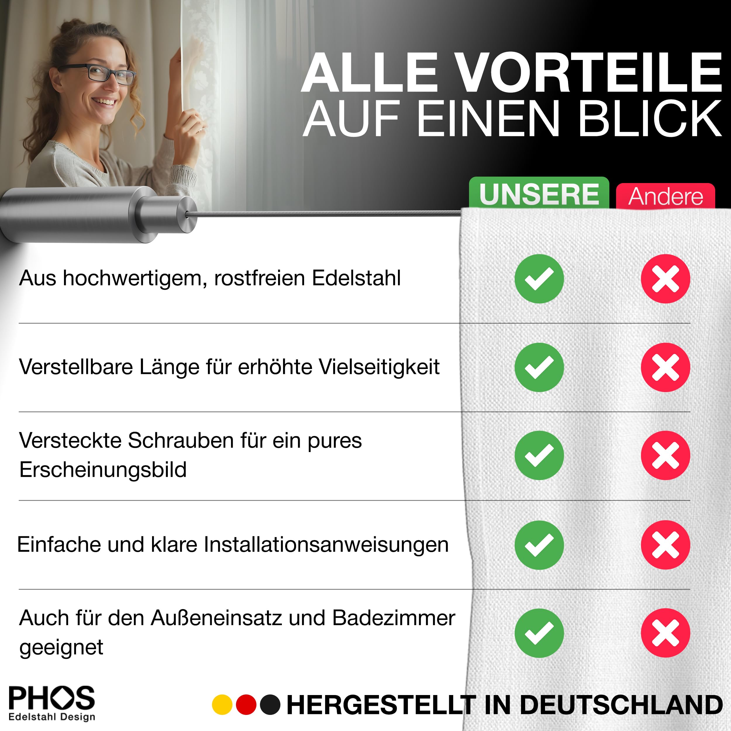 Seilspanngarnitur von Wand zu Wand axial bis zu 5 Meter Spannweite, einkürzbar, Edelstahl matt, rostfrei, Gardinendraht, Vorhangseil, Gardinenseil, Seilspannsystem