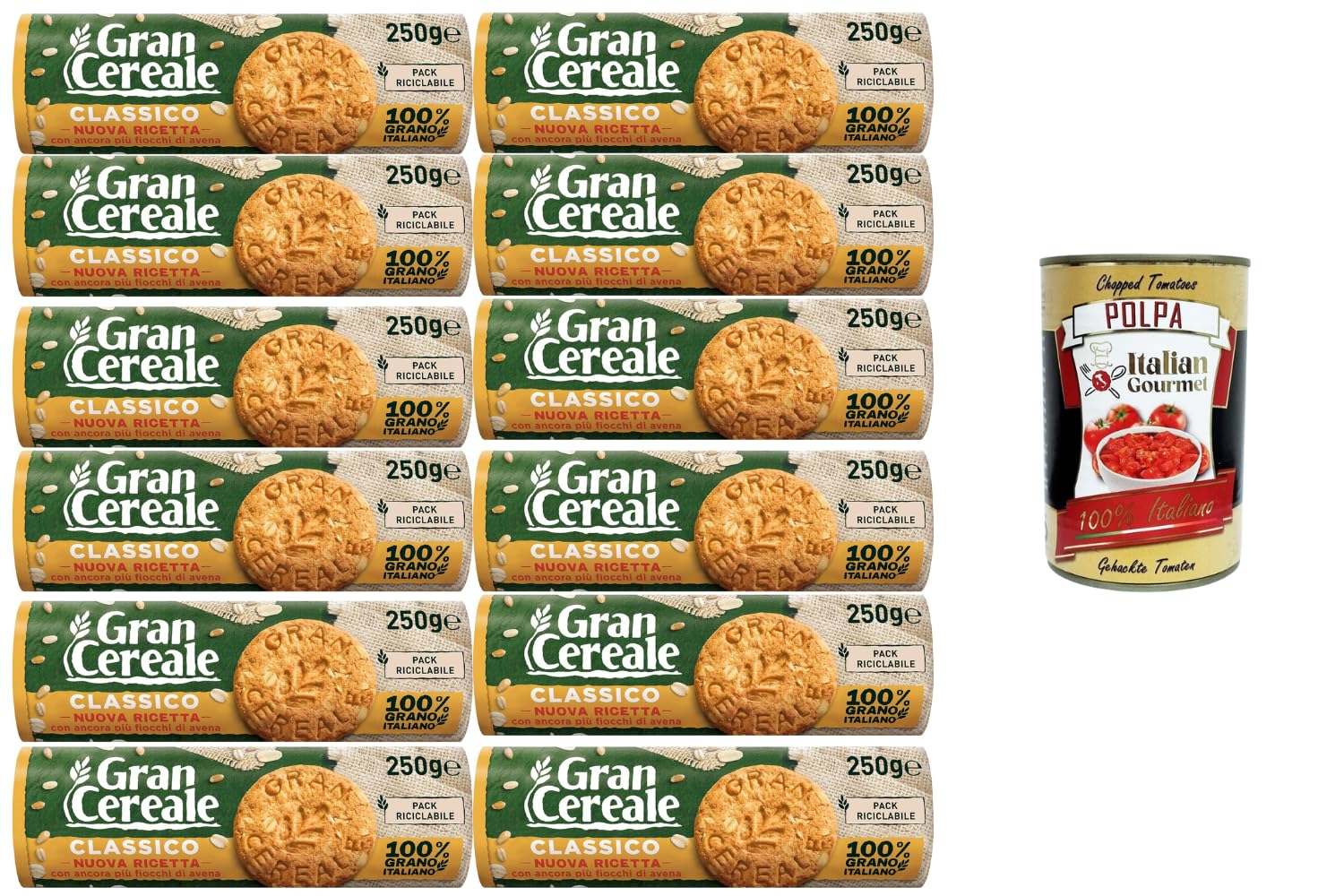 Italian Gourmet Gran Cereale Classico Biscuits aux Céréales Complètes – Pack 12x 250 g (3 kg Total) – Recette Italienne, Riche en Fibres, Flocons d’Avoine, Goût Authentique + Italian Gourmet Polpa