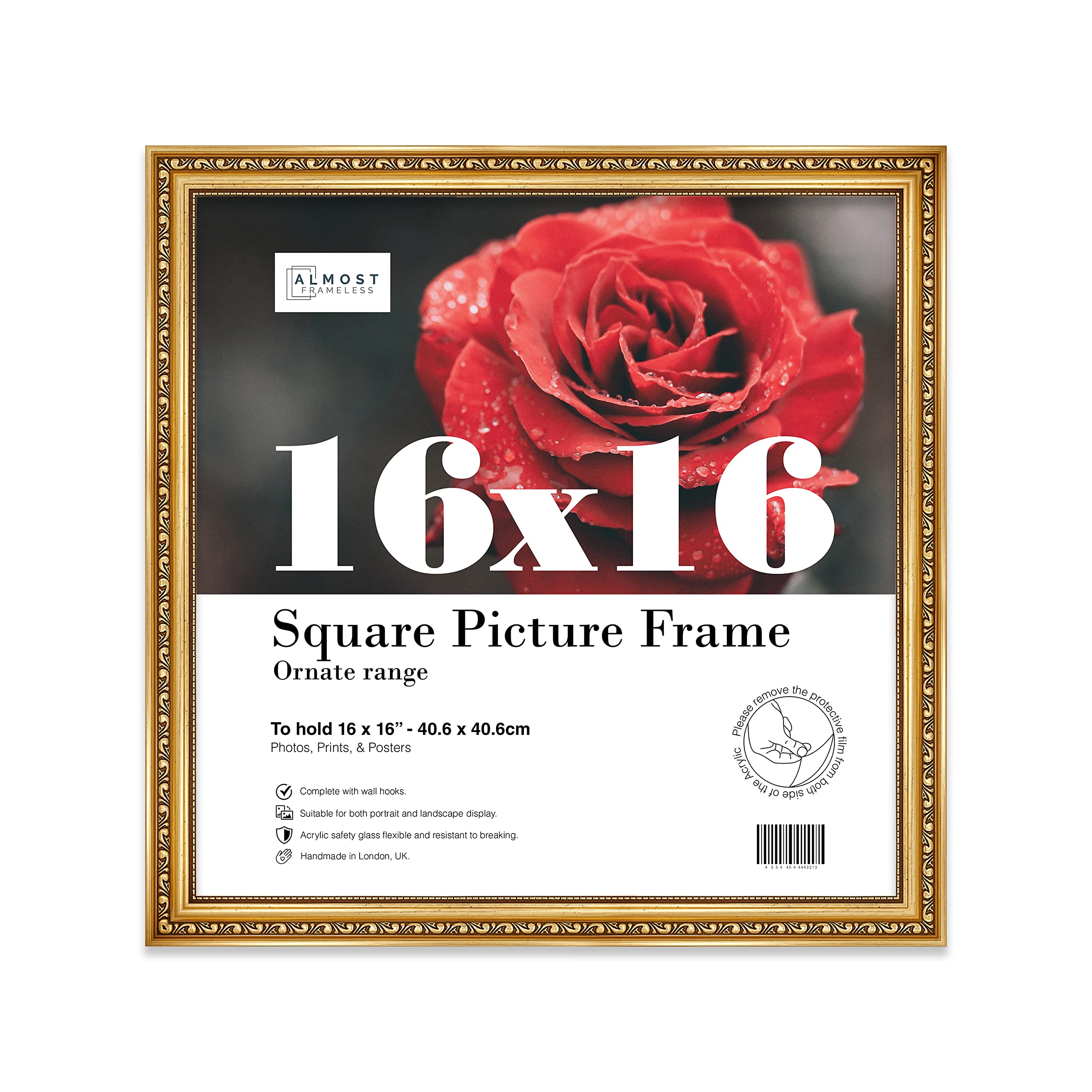 Almost Frameless 16x16 Gold Ornate Picture Frame 16"x16"(40.6x40.6cm) Poster, Photo, Artwork, or Print. Opulent Style Portrait and Landscape Display with Wall Hooks