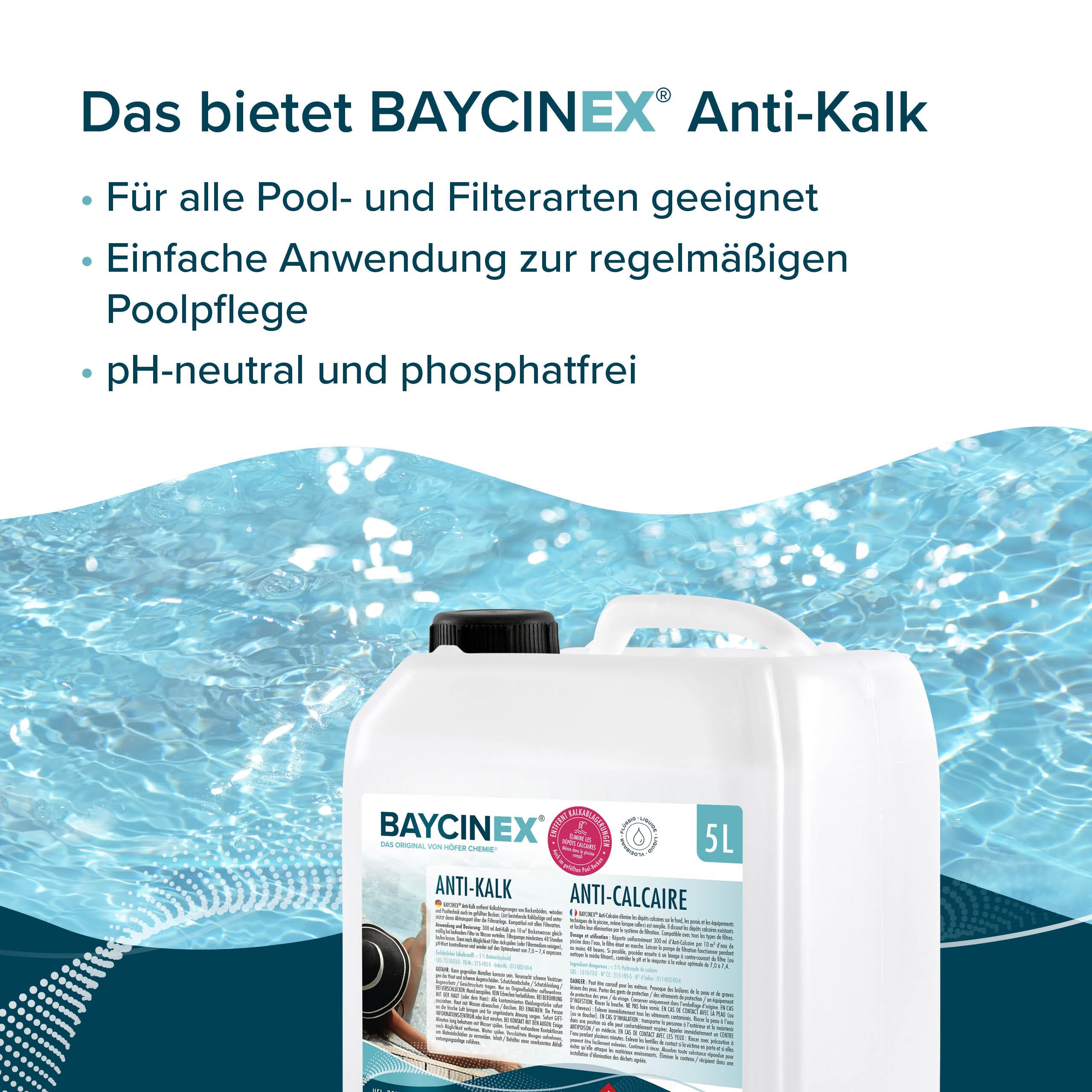 BAYCINEX Anti-Kalk Pool 5 L – Starker Pool Entkalker gegen Kalkablagerungen – Für Poolboden, Wände & Technik – Entfernt Kalk im gefüllten Pool – Kompatibel mit Allen Filtersystemen