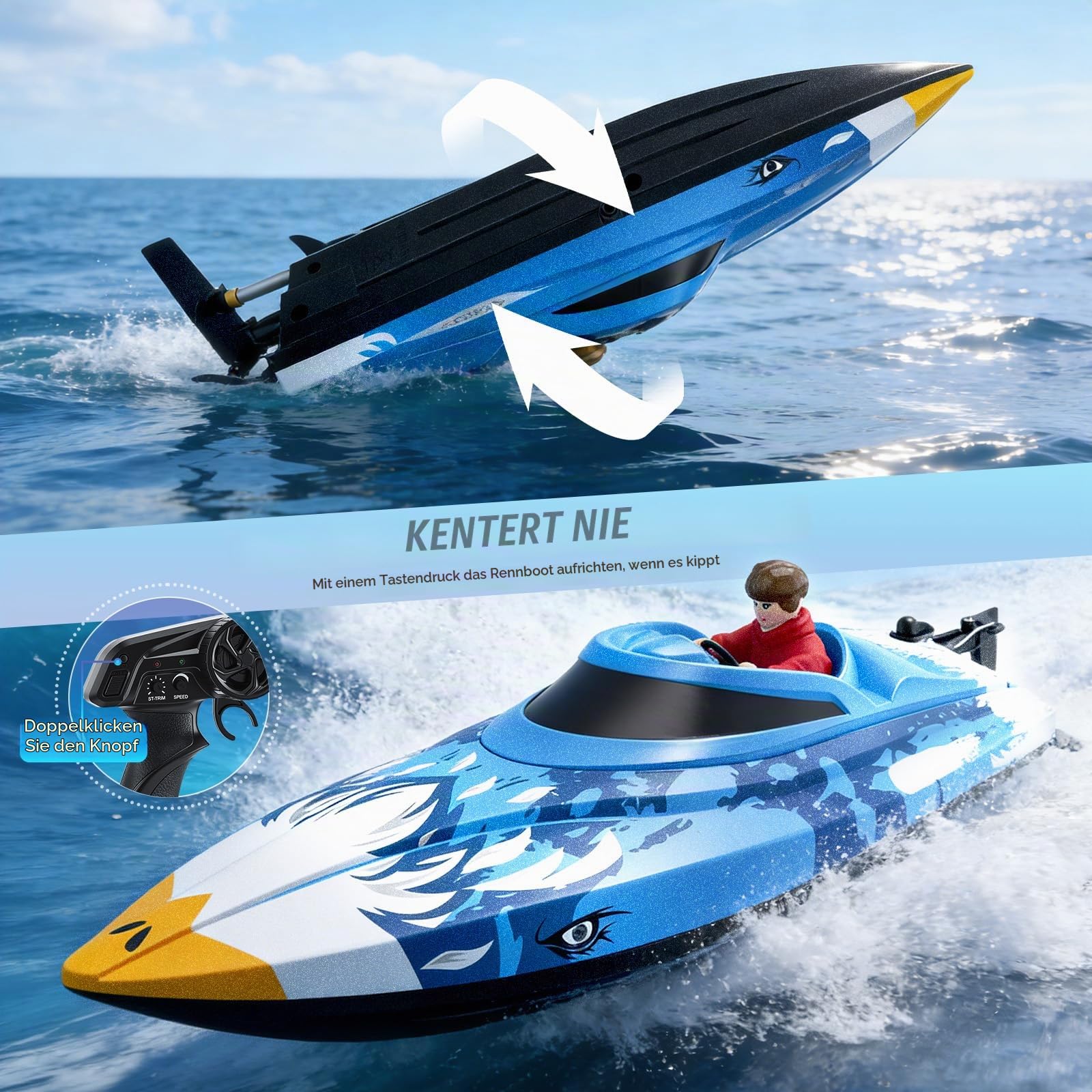 Ferngesteuertes RC Boot 25 km/h - 2,4 GHz Fernsteuerung mit 120m Reichweite - Wasserdichtes Speedboot mit LED & Flip-Funktion - 2 Akkus & Wasserkühlung für Pool See Erwachsene Kinder, Blau + Muster