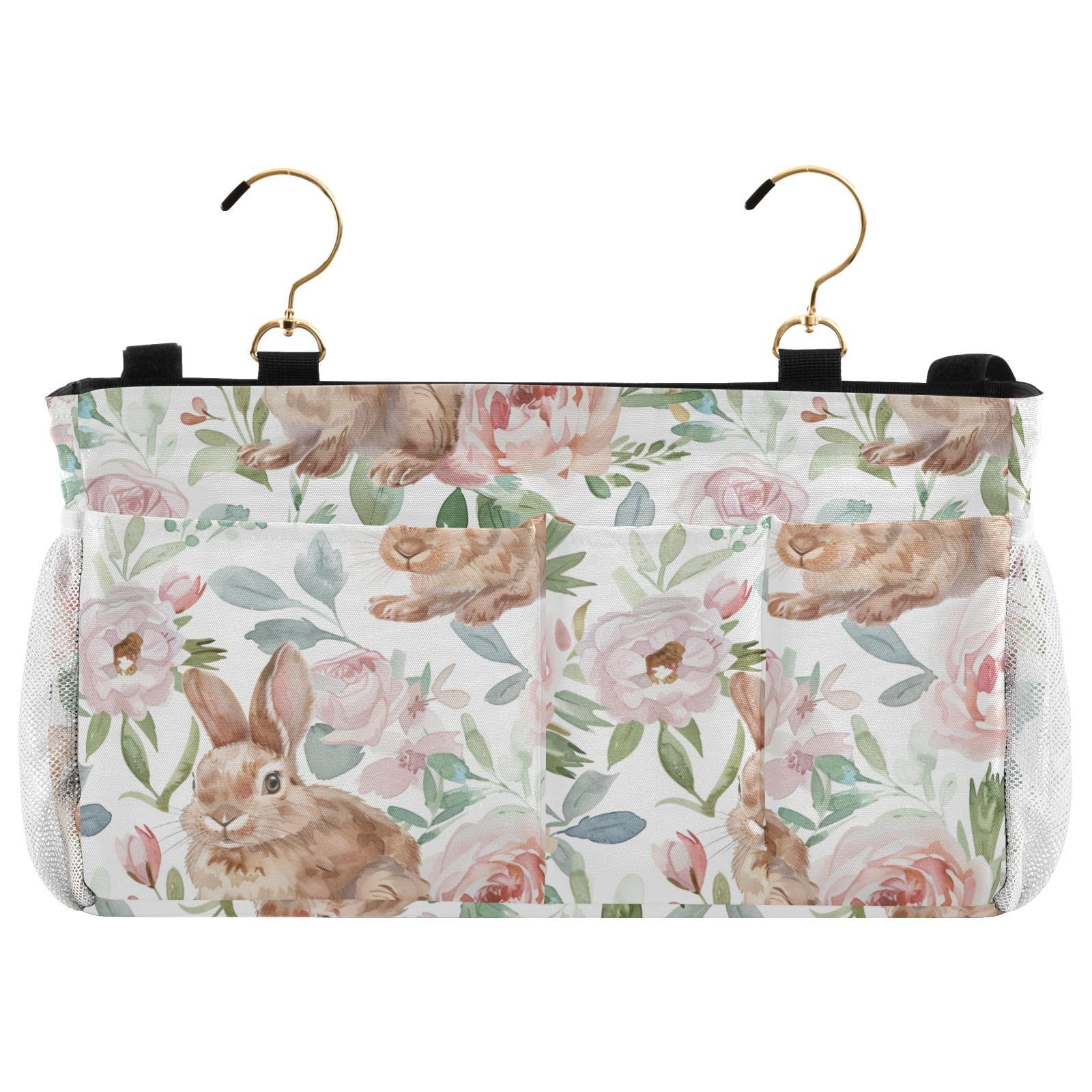 RunningBear Cute Rabbits Flowers Bedside Caddy Hanging Remote Caddy with 6 Pockets for Book Phone