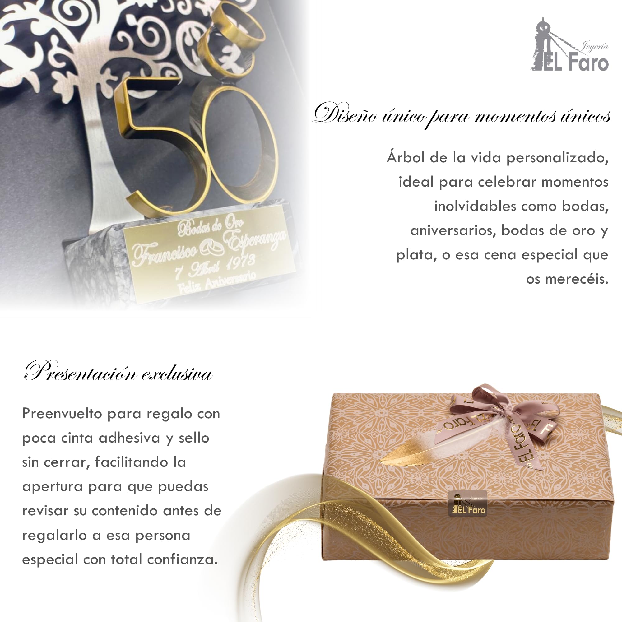 JOYERIA EL FARO | Regalos de boda 50 aniversario | Pack árbol + 8 globos gratis | Grabado personalizado | Presentación en estuche premium | Celebra 50 años de amor juntos