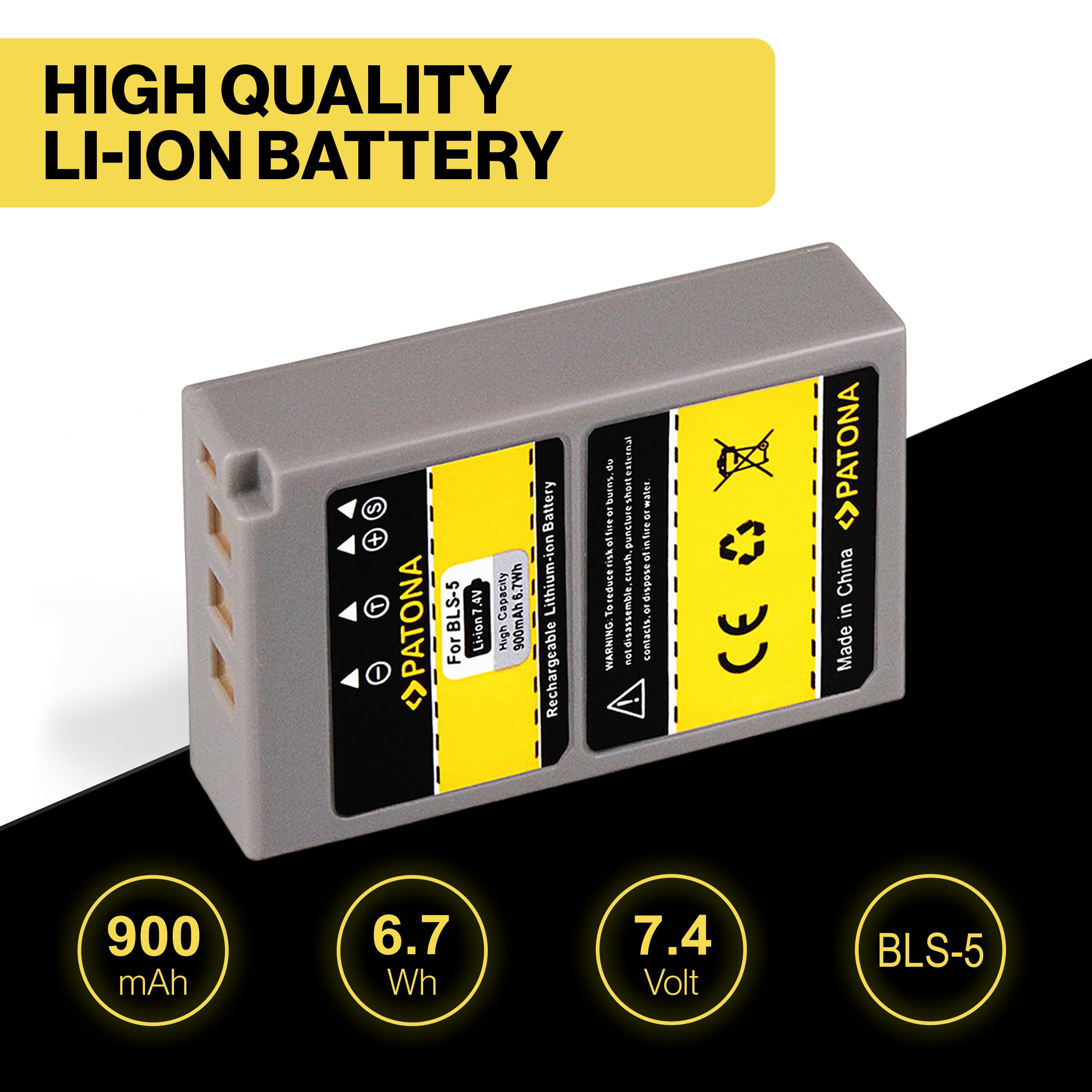 PATONA Akumulator do Olympus BLS-5 BLS-50 PS-BLS5 900mAh | Akumulator do E‑450 OM-D E-M10 Mark II III IV Pen E-P3 E-PL2 E-PL3 E-PL5 E-PL6 E-PL7 E-PL8 E-PL9 Pen PM1 PM2 Stylus 1