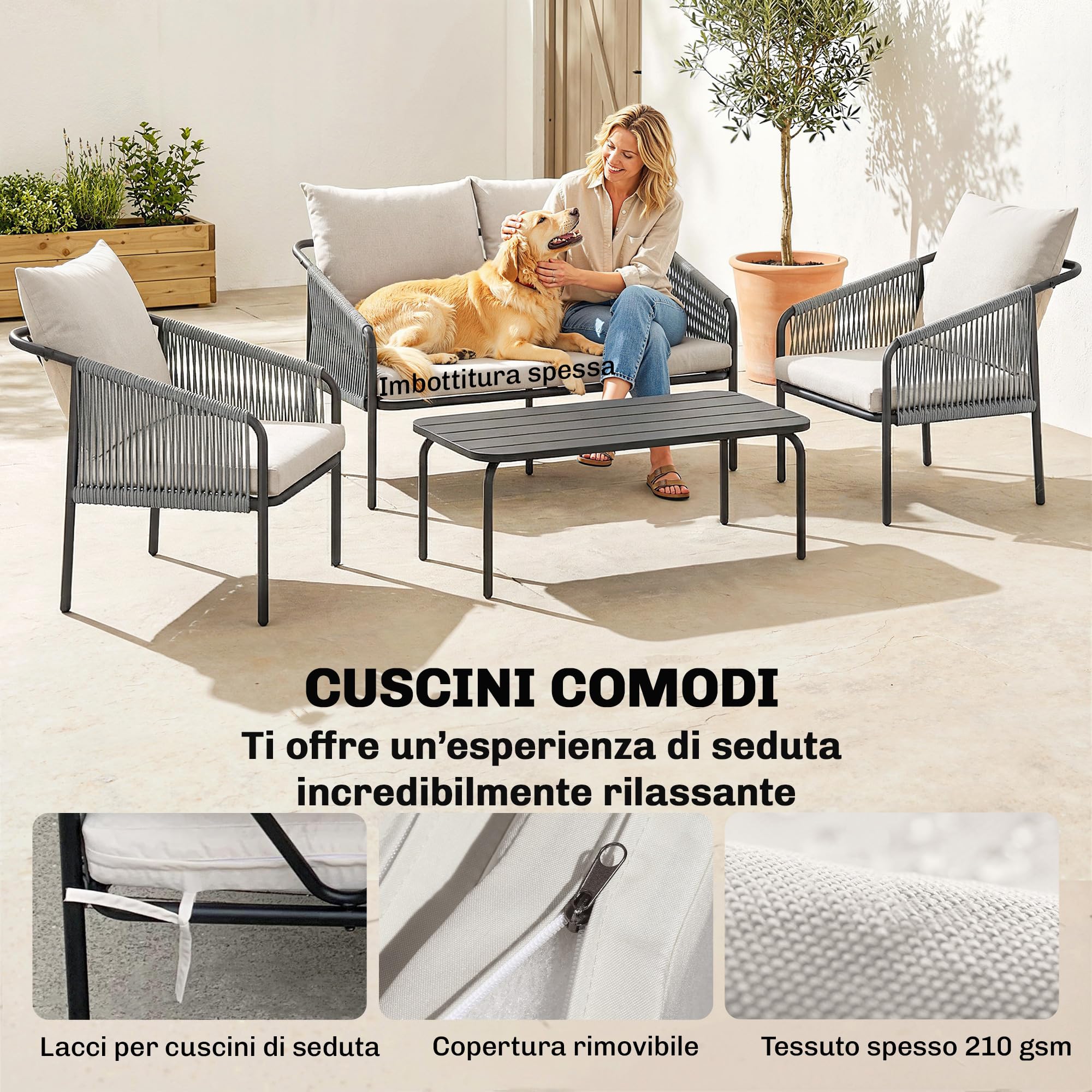 Outsunny Set Salotto da Giardino 4 Pezzi in Rattan, Set di Mobili da Giardino con Divano 2 Posti, 2 Sedie, Tavolino da Caffè Piano Metallo, Cuscini, Struttura in Acciaio, Cachi Grigio Chiaro