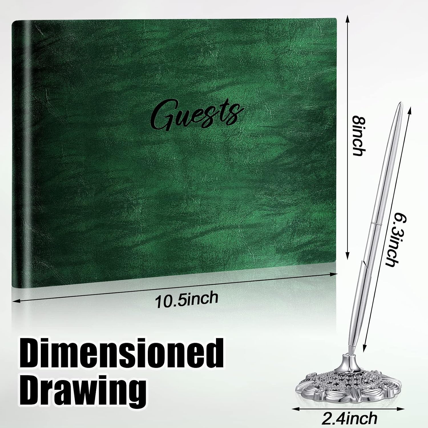 Geyee Leather Guest Book and Pen Stand Set, 10.5" x 8" Embossed Guests Sign in Book Registry Book for Funeral, Wedding Reception, Vacation Homes and Events, 80 Sheets (Green)