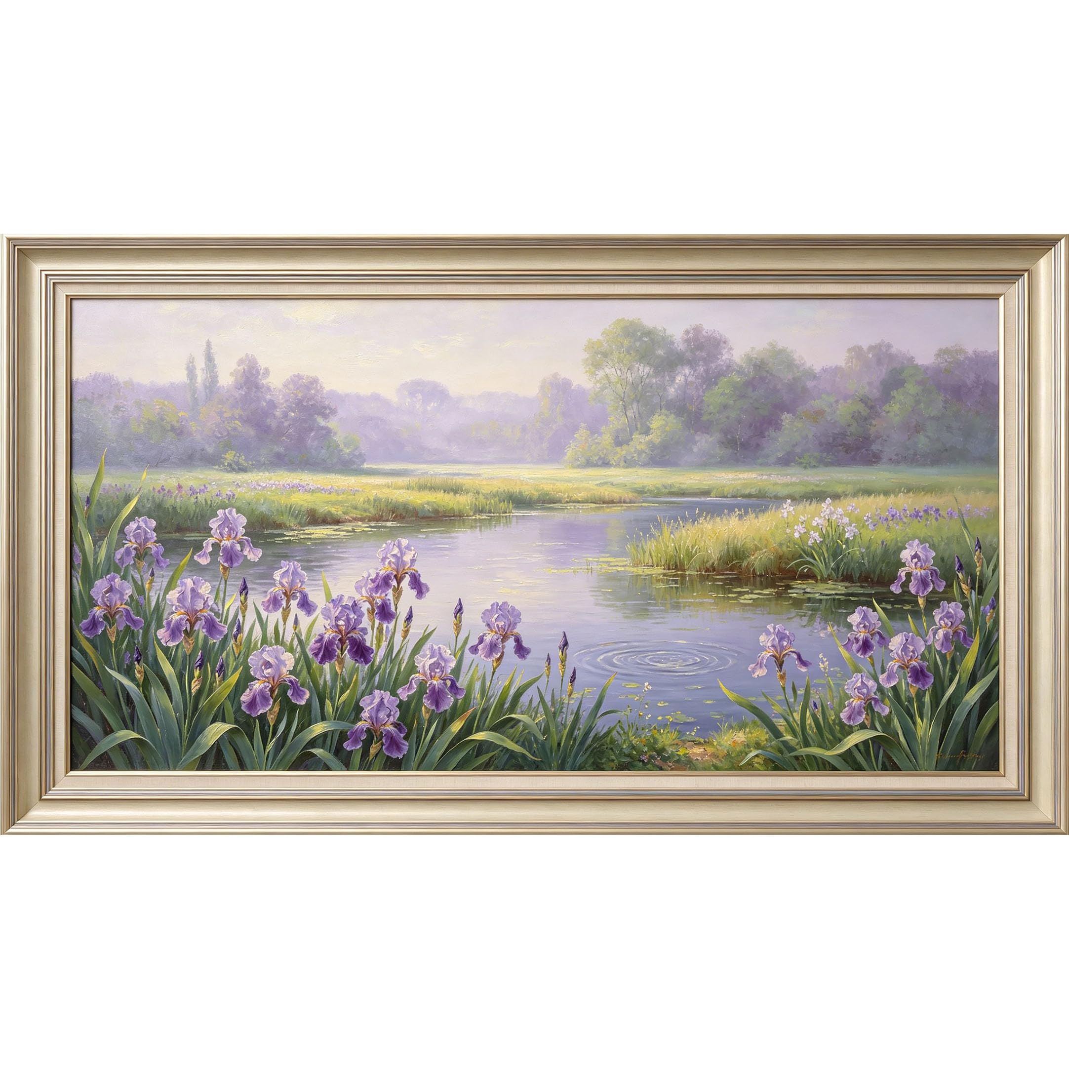 QZLITHOTIC 50×100cm 3D Framed Wall Art， Botanical Lake Landscape Purple Iris Bloom Self?Adhesive Mural， Water?Activated Peel & Stick Fabric Decor Wall Decal for Bedroom Living Room