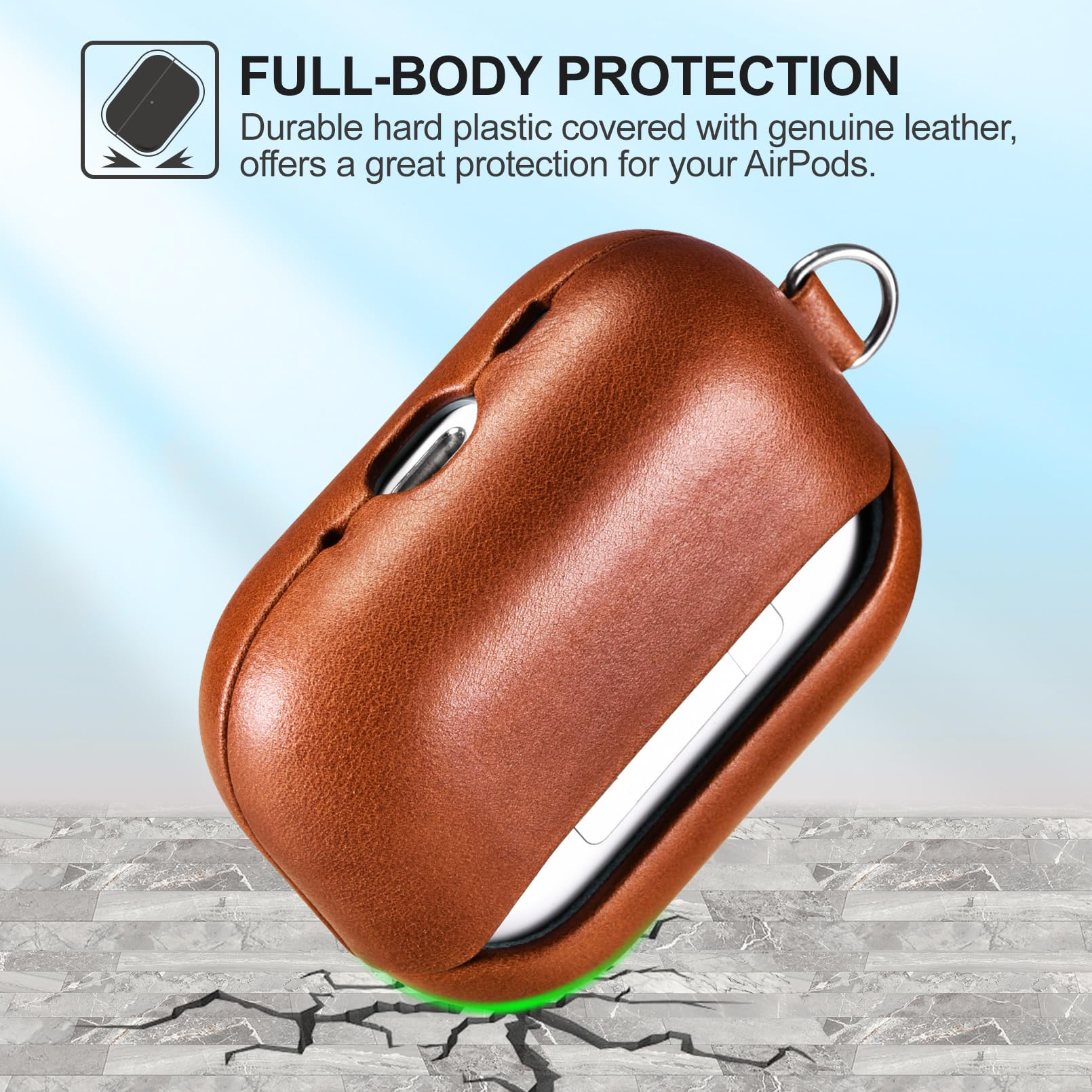 Custodia in Pelle per AirPods Pro 3 2025, ICARER Premium Custodia Protettiva Antiurto Vera Pelle con Cordino per AirPods Pro 3 Auricolari Custodia Ricarica LED visibile Caricabatterie Wireless-Marrone