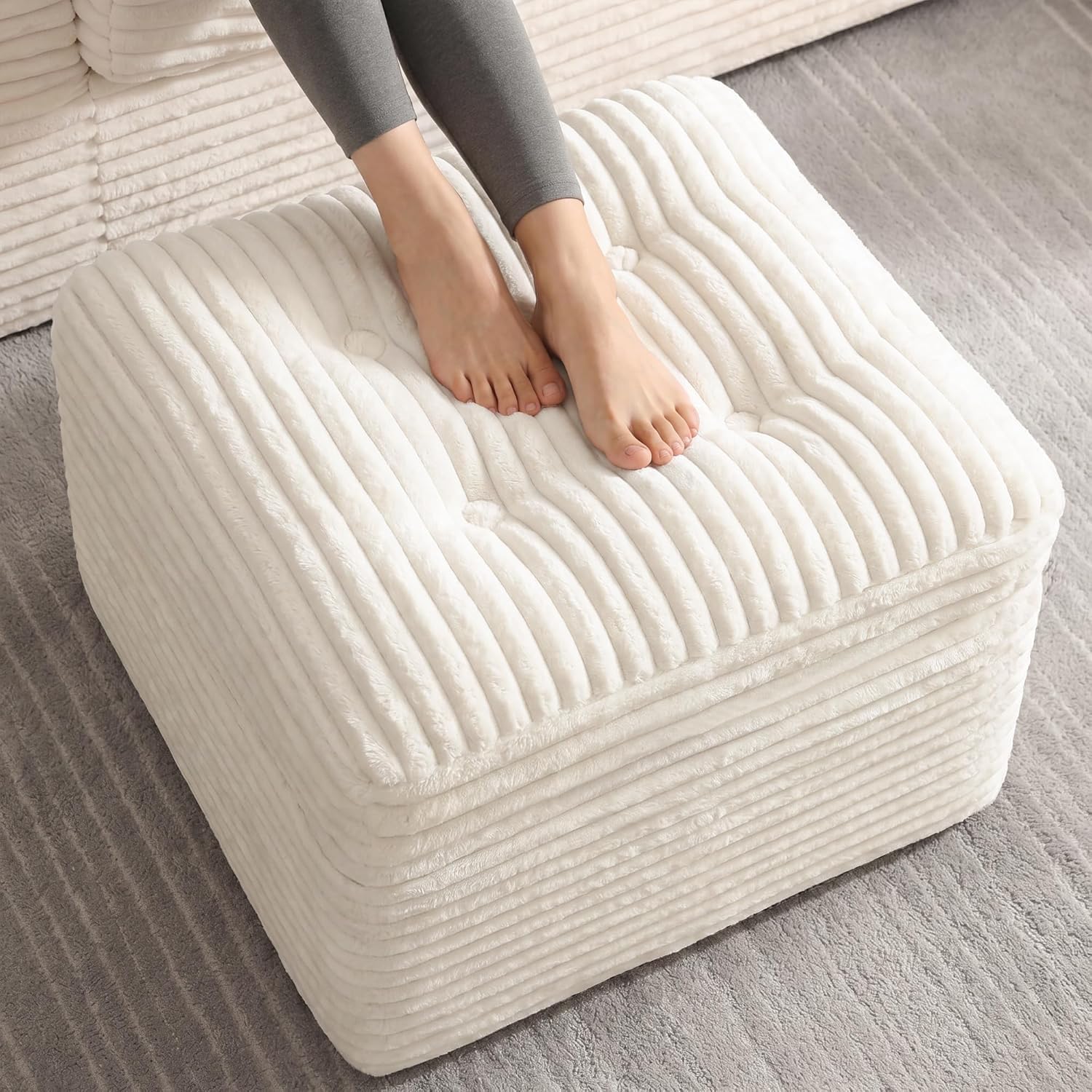 Round Stuffed Pouf Ottoman Foot Rest, Memory Foam-Filling Faux Fur Poufs, Living Room, Nursery, and Dorm Ottomans, Soft Foot Stool Ottoman for Couch, Ideal for Foot Resting Beige-image-43
