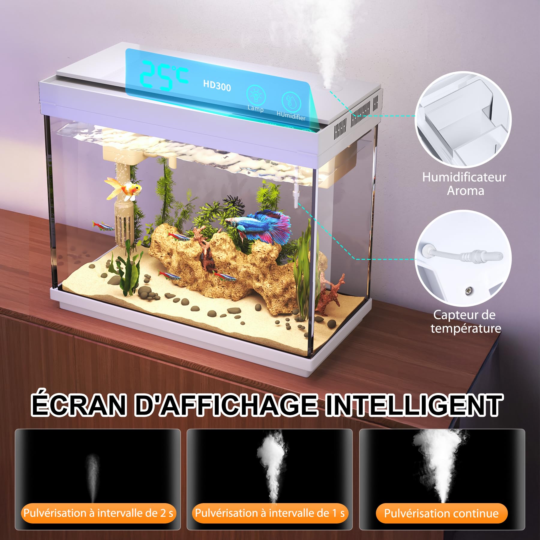 Vehipa Aquarium - Petit Aquarium 9L avec Humidificateur Intelligent, Système D'autocirculation 3 en 1, Affichage de la Température, éclairage 7 Couleurs, écran UHD