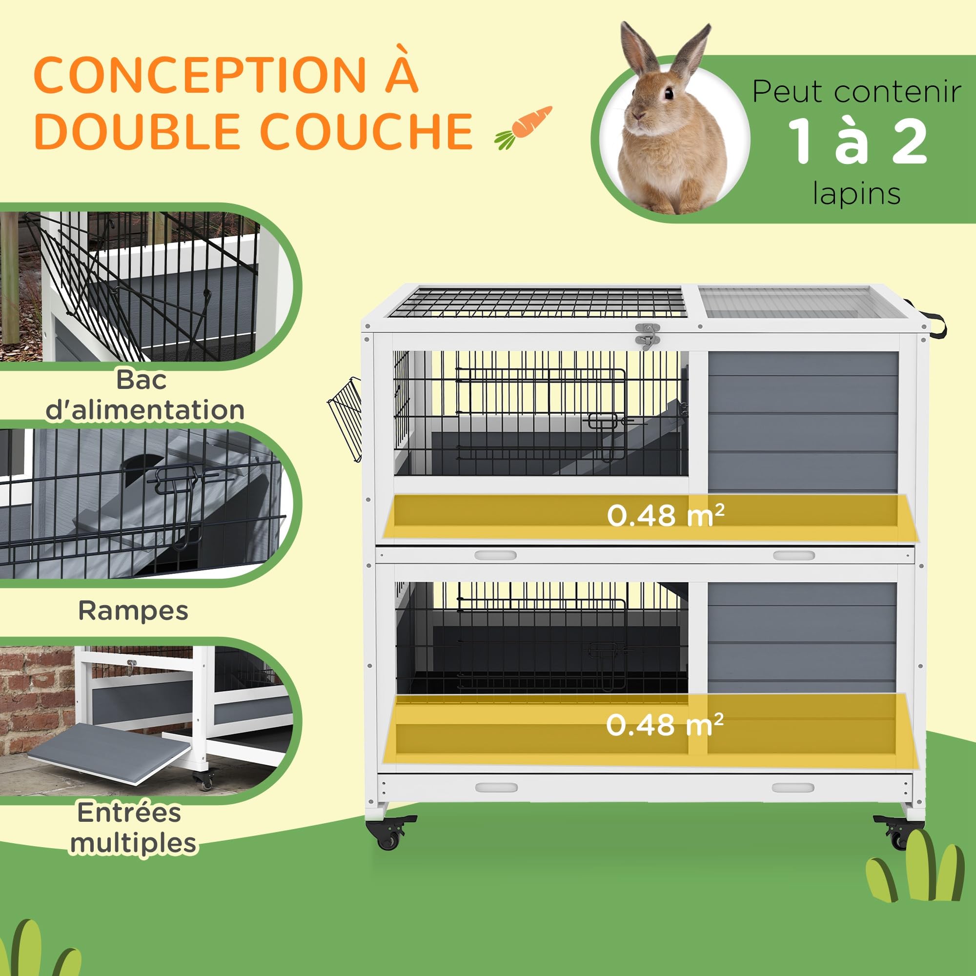 PawHut Clapier en Bois d'intérieur, Cage à Lapin sur roulettes à 2 Niveaux avec 2 Plateaux coulissants, Porte verrouillable, mangeoire, 90 x 53 x 97 cm, Gris